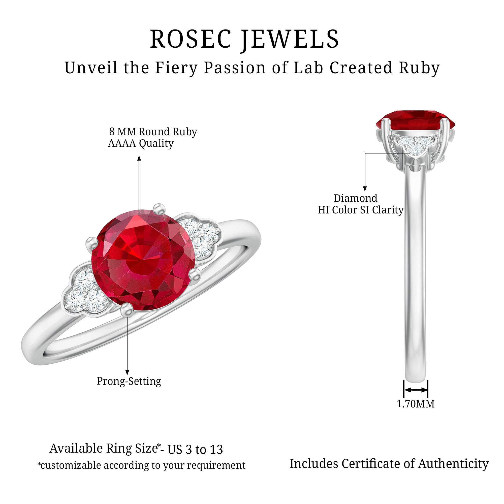 Lab Grown Ruby Solitaire Engagement Ring with Diamond Trio AAAA - Rosec Jewels