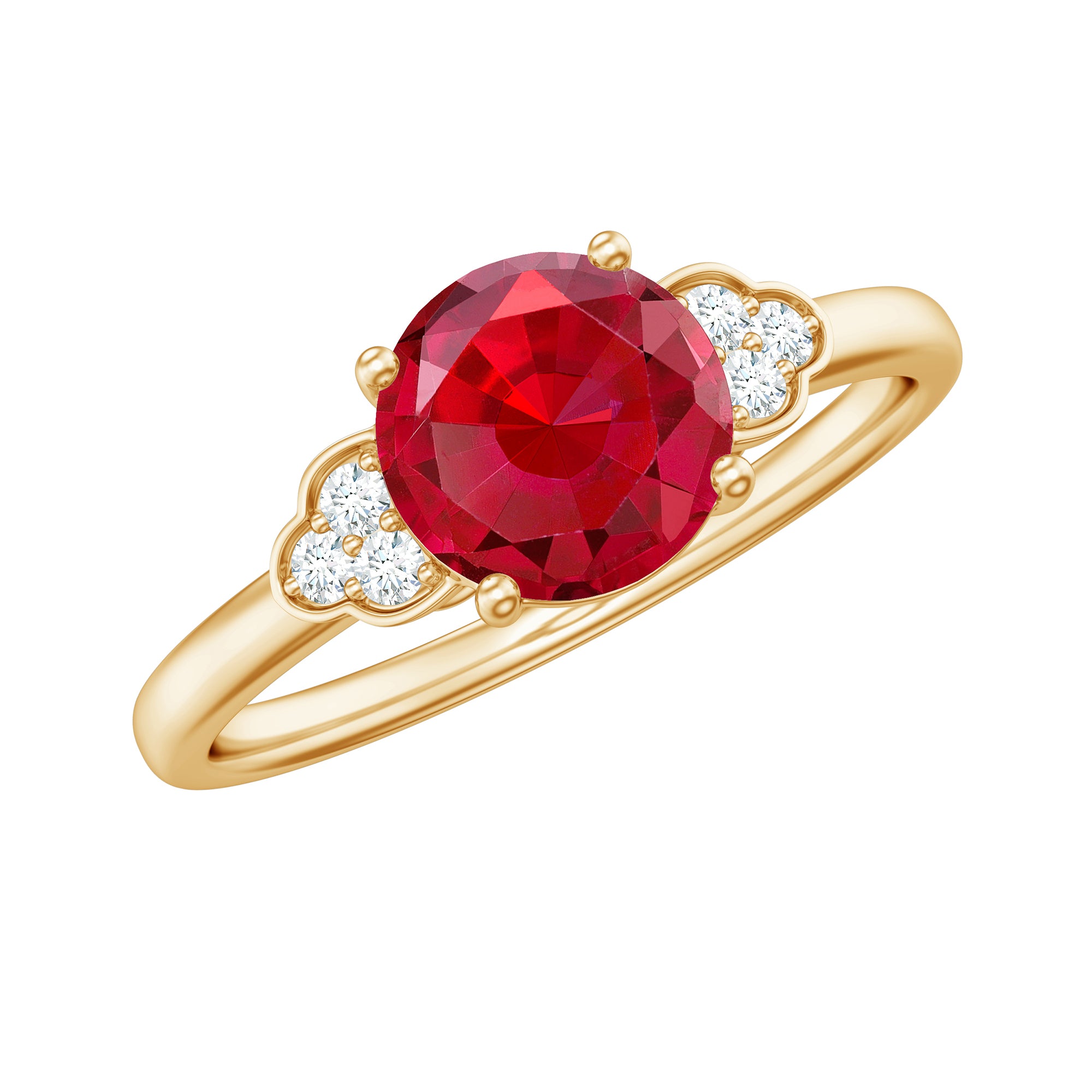 Lab Grown Ruby Solitaire Engagement Ring with Diamond Trio AAAA - Rosec Jewels