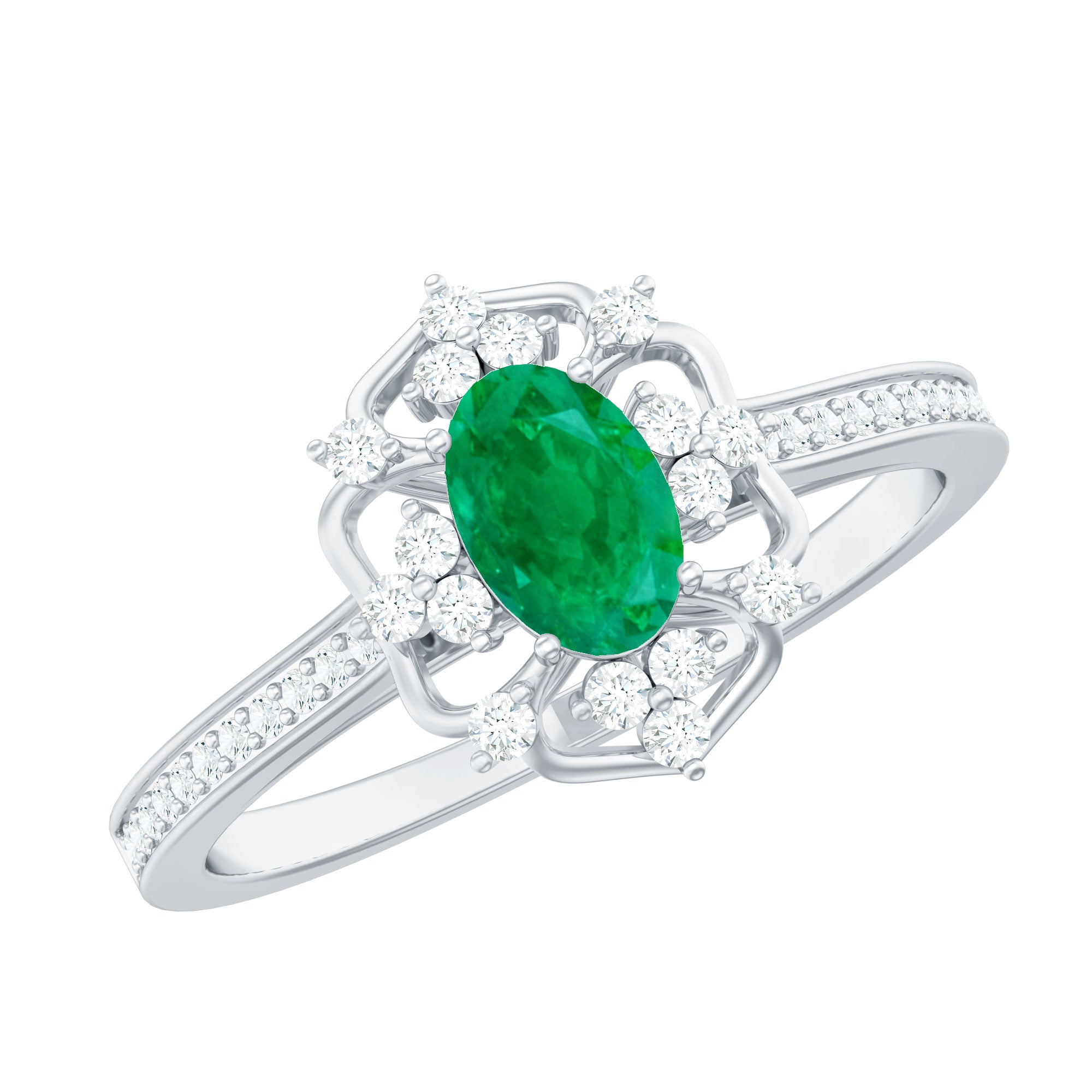 Rosec Jewels-Vintage Style Emerald and Diamond Oval Engagement Ring
