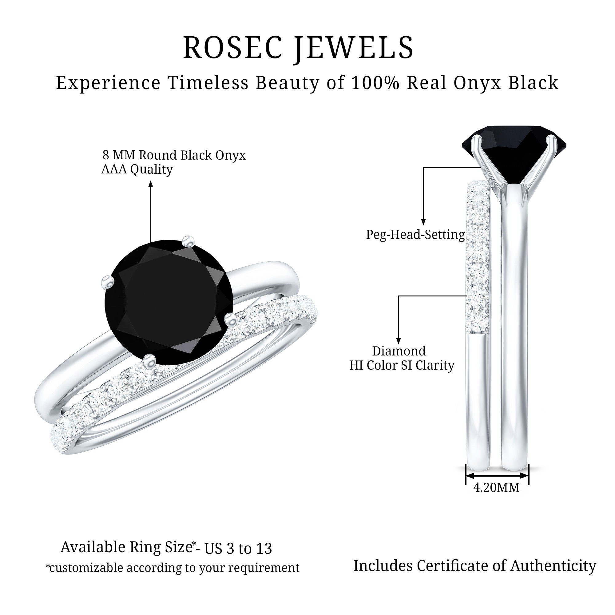 Natural 8mm Black Onyx Solitaire Engagement Rings with Diamond Enhancer AAA - Rosec Jewels