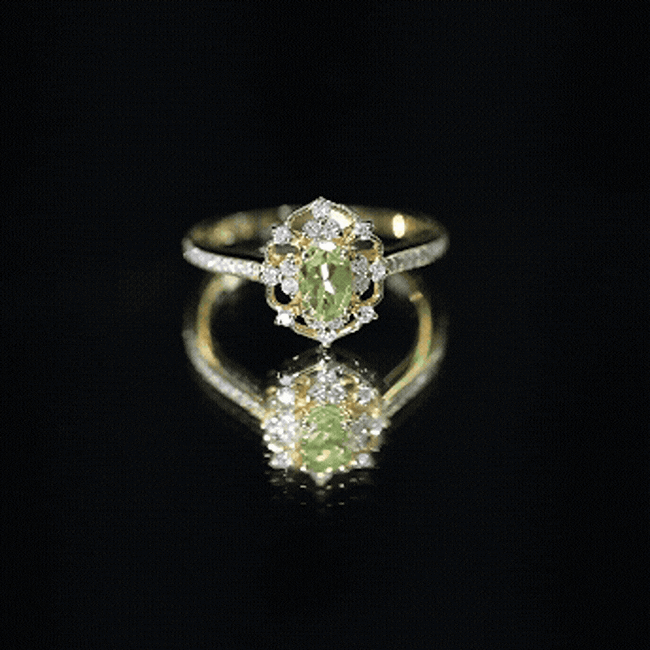 Peridot and Diamond Vintage Looking Engagement Ring AAA 14K Yellow Gold Plated Silver - Rosec Jewels