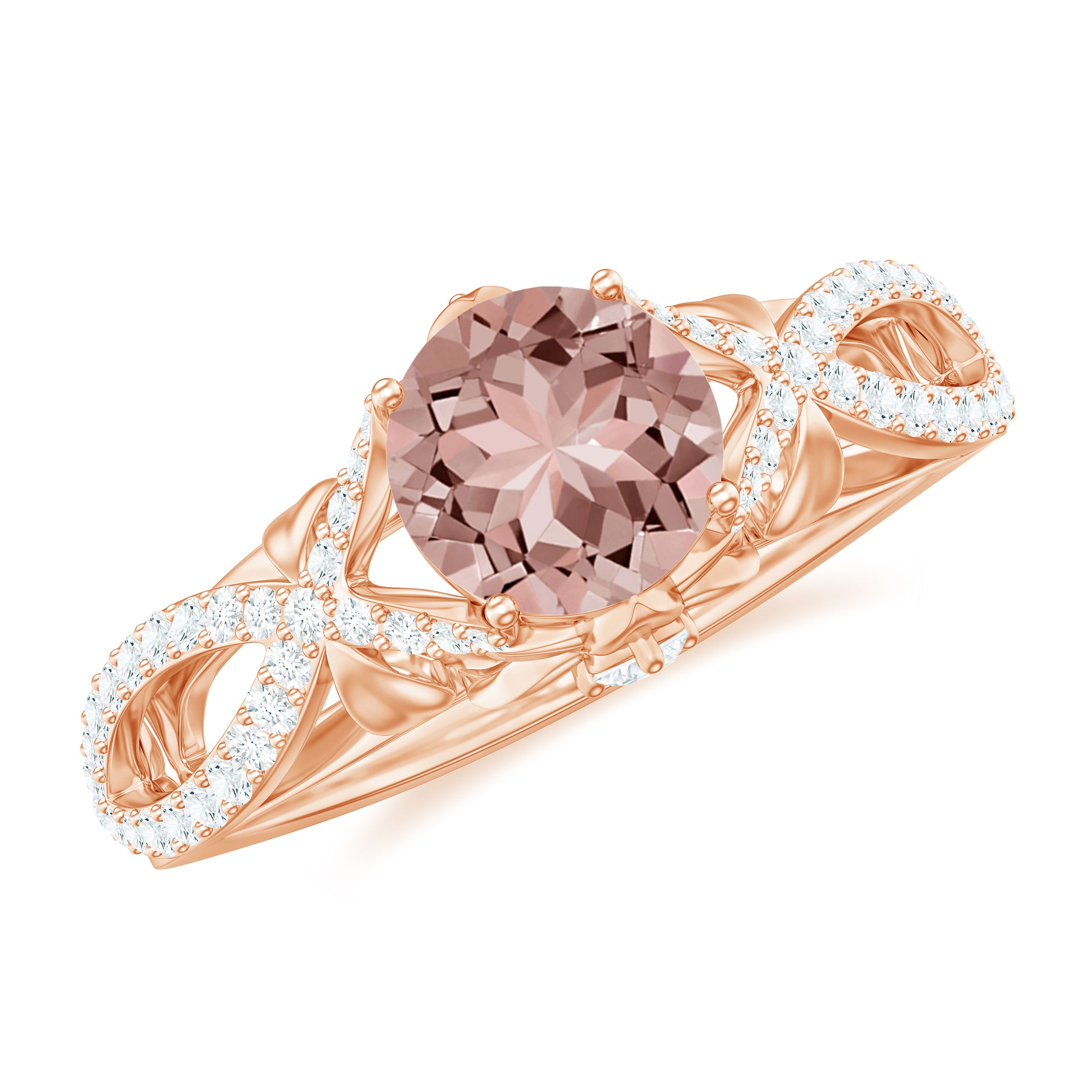 Designer Morganite and Diamond Crossover Engagement Ring Morganite - ( AAA ) - Quality - Rosec Jewels