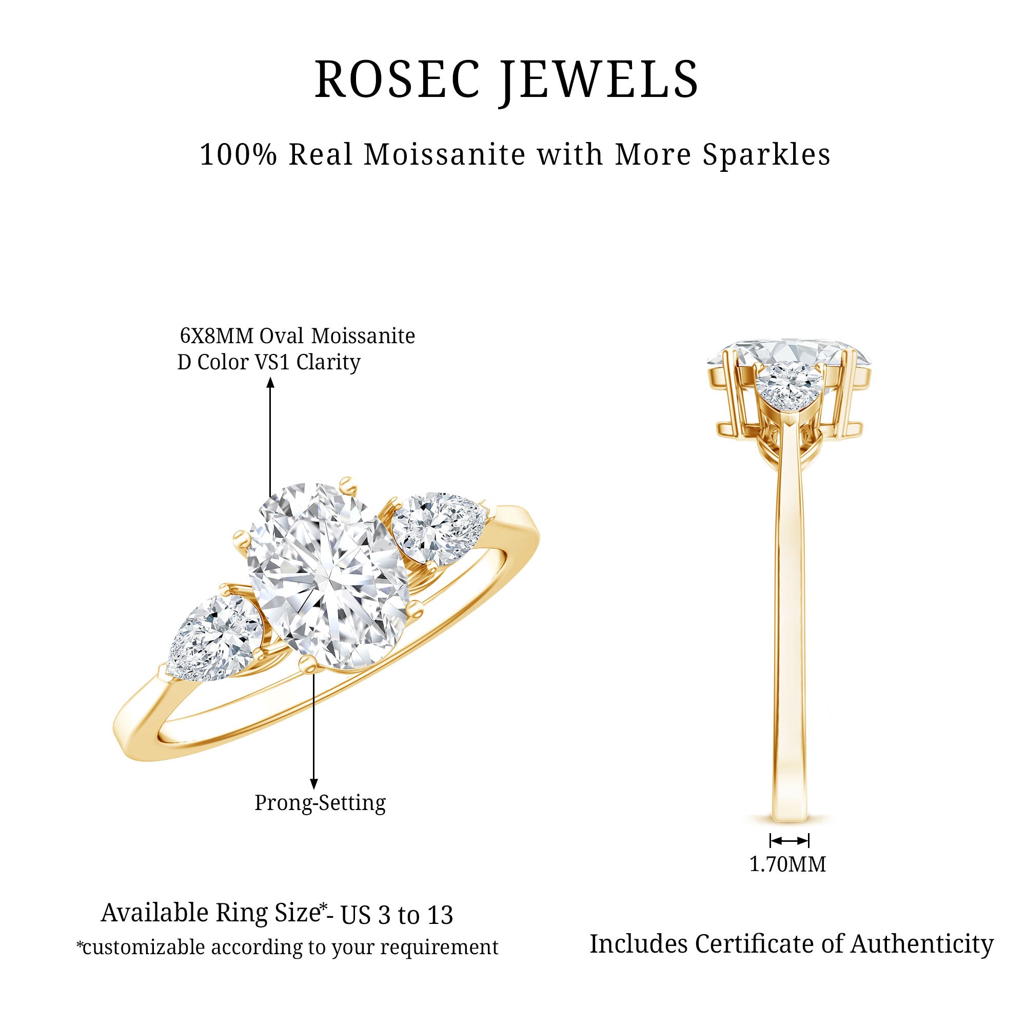 Rosec Jewels-Oval and Pear Cut Moissanite Three Stone Engagement Ring