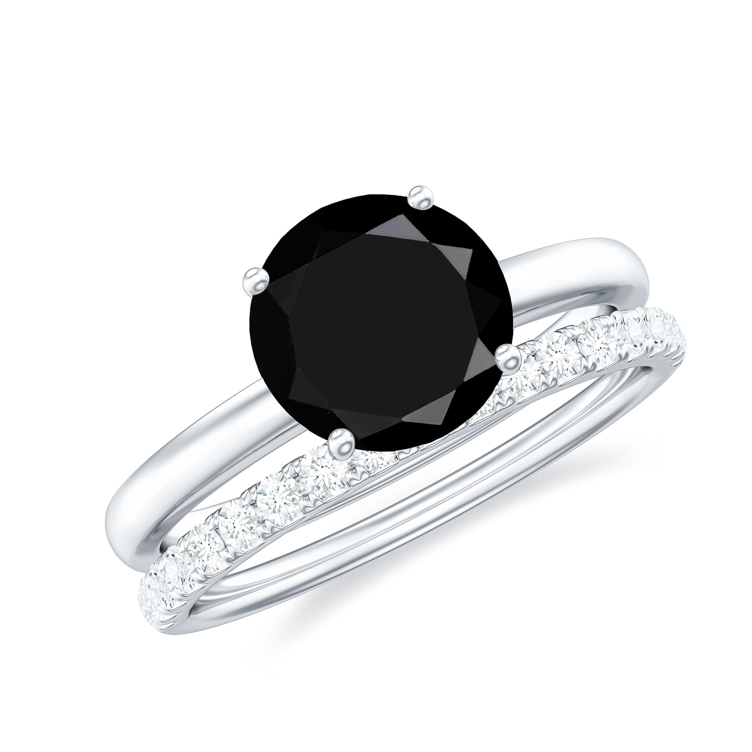 Natural Black Spinel Wedding Engagement Ring Set with Diamond AAA - Rosec Jewels