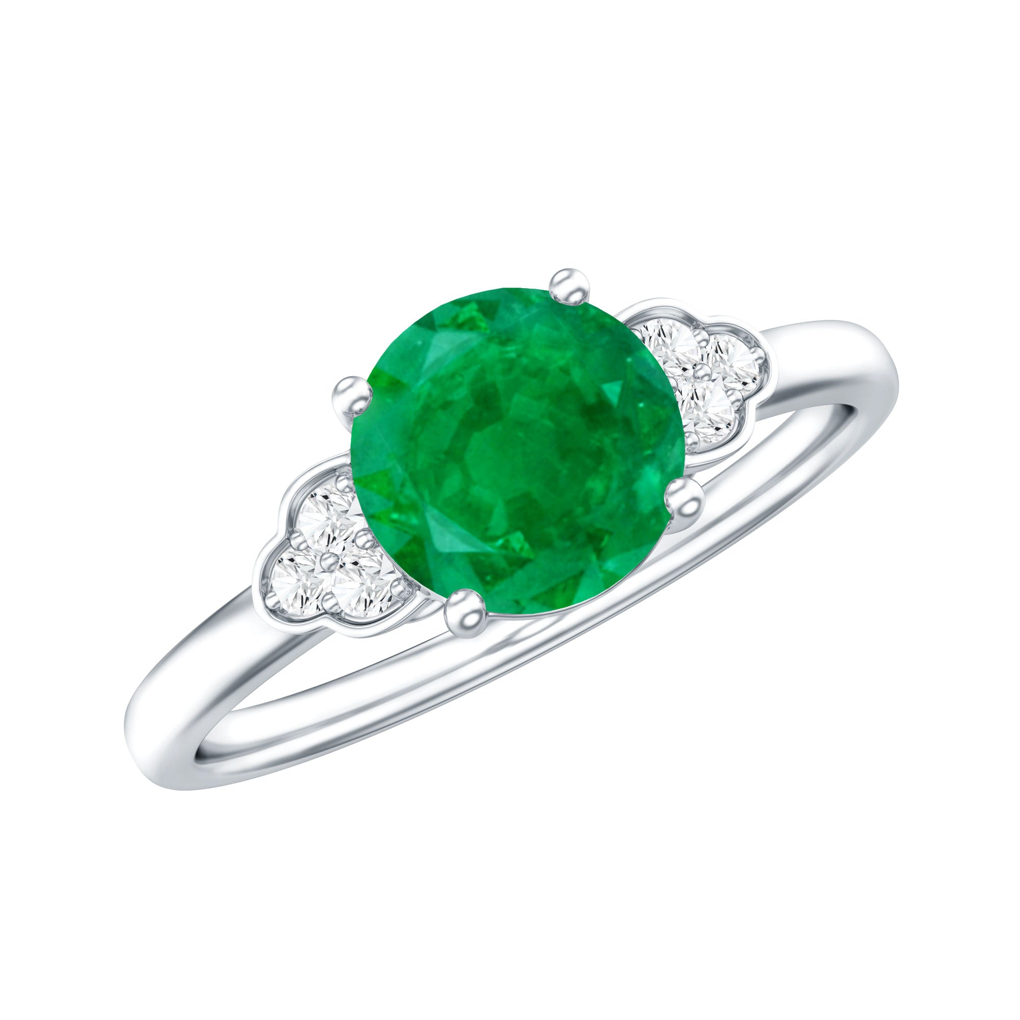 Natural Solitaire Emerald Engagement Ring with Diamond Trio AAA - Rosec Jewels
