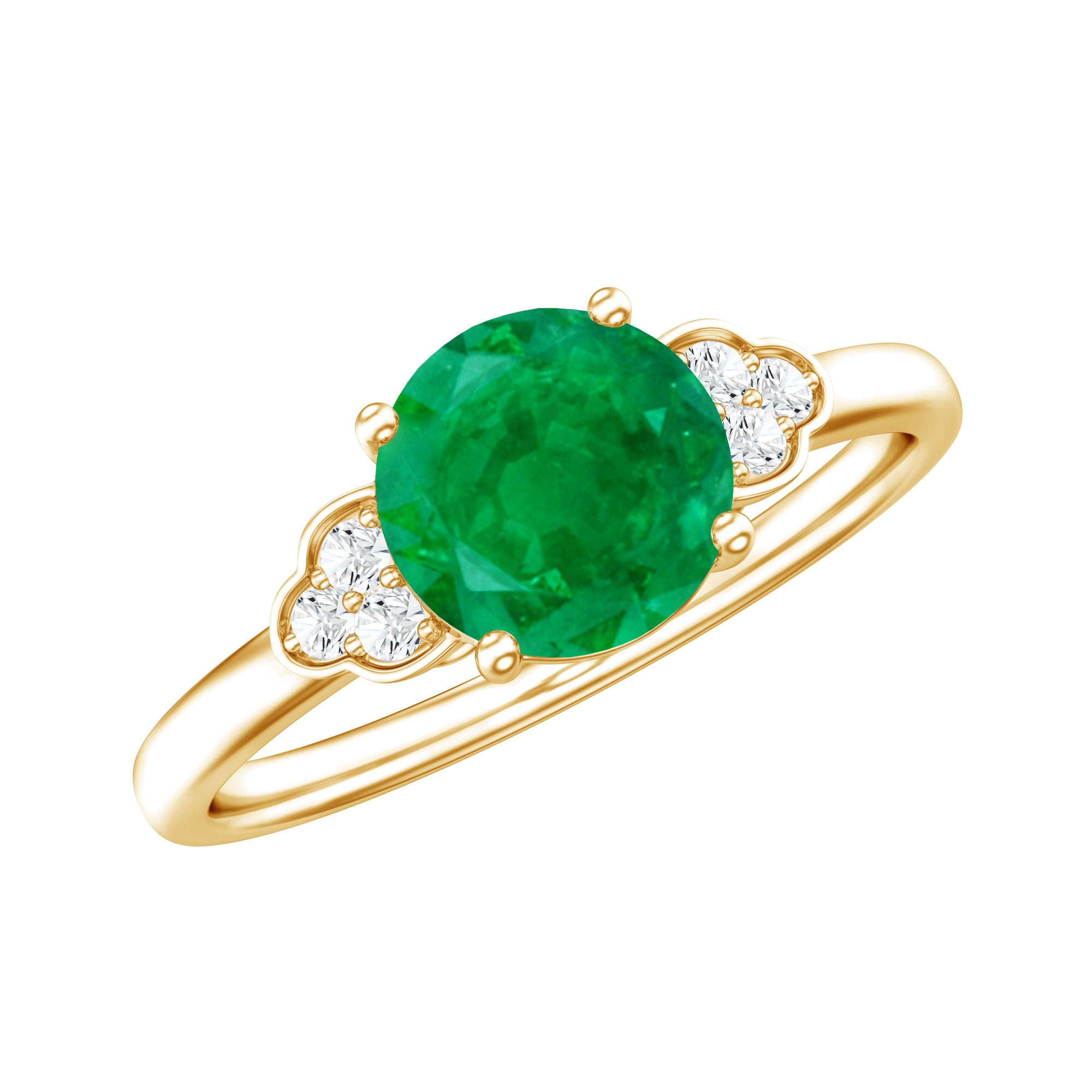 Natural Solitaire Emerald Engagement Ring with Diamond Trio AAA - Rosec Jewels
