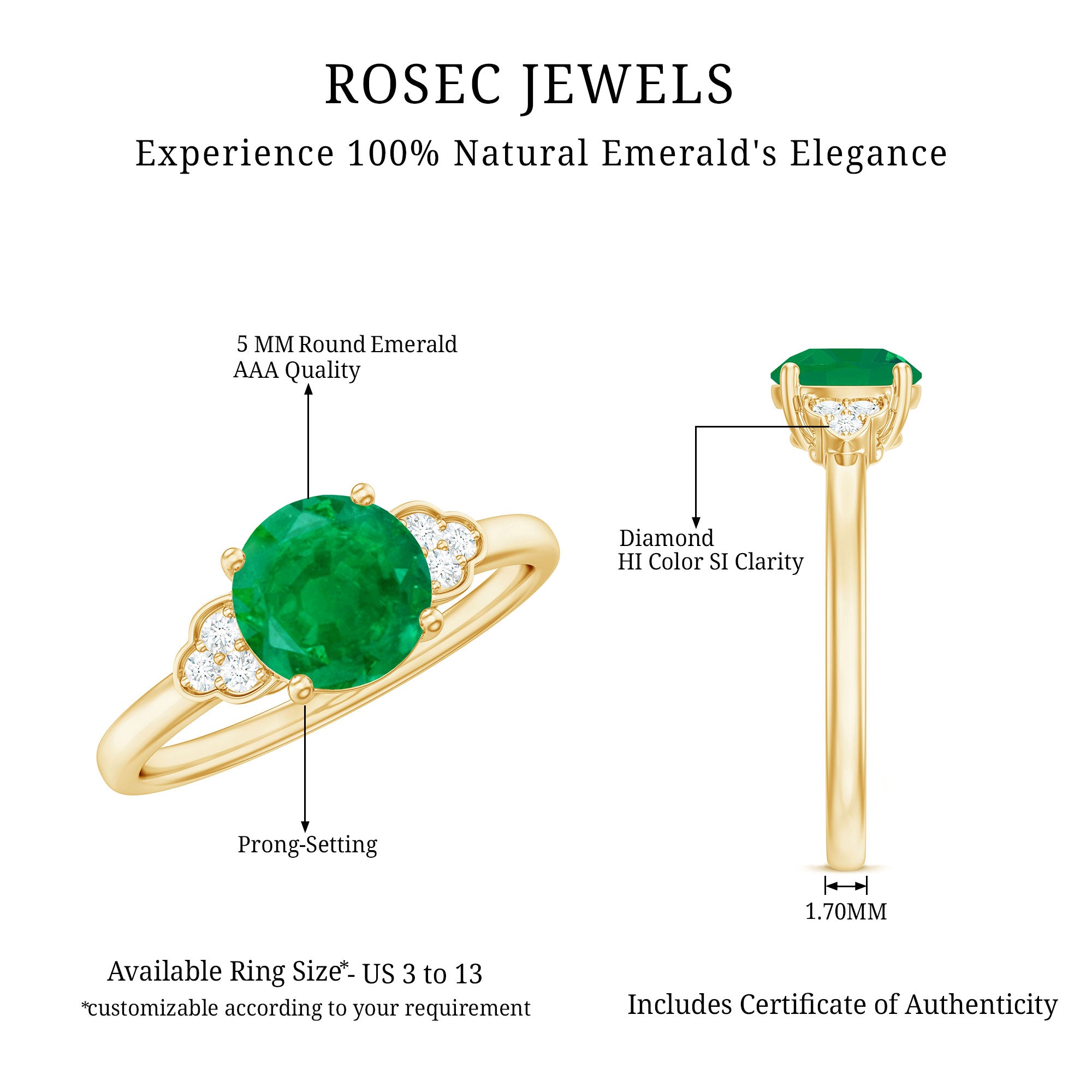 Natural Solitaire Emerald Engagement Ring with Diamond Trio AAA - Rosec Jewels