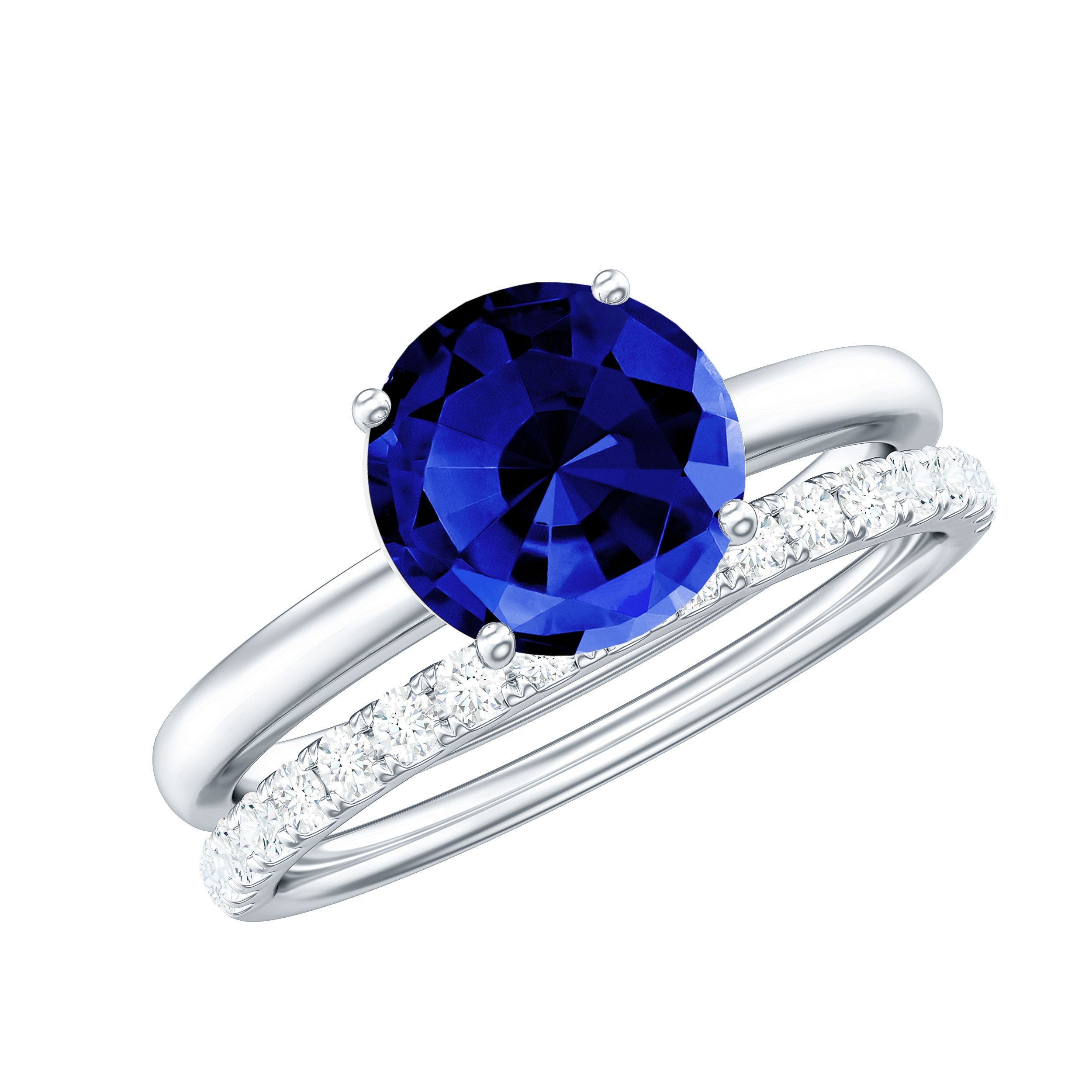 8mm Round Shape Lab Created Blue Sapphire Solitaire Wedding Ring Set with Diamond Band AAAA - Rosec Jewels