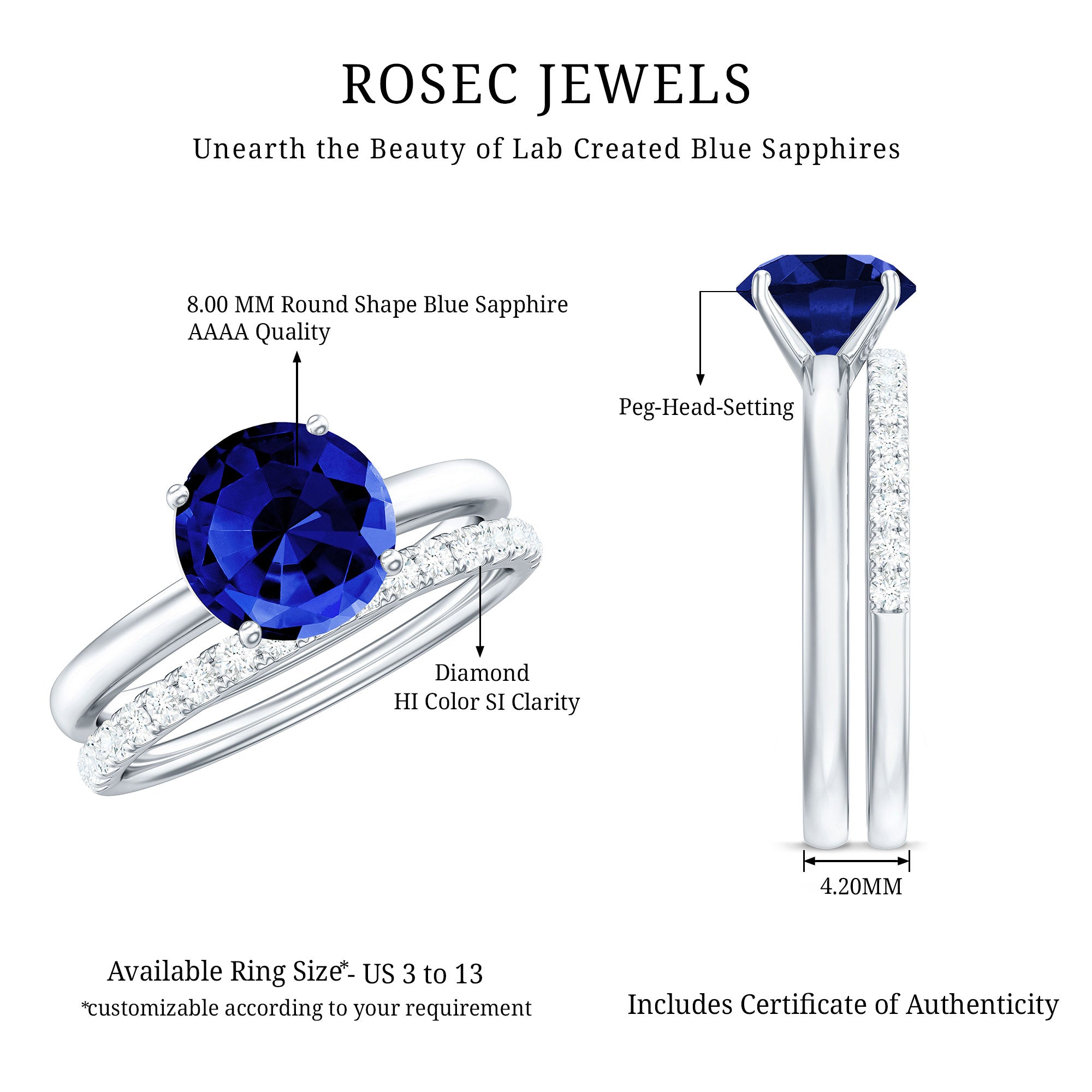 8mm Round Shape Lab Created Blue Sapphire Solitaire Wedding Ring Set with Diamond Band AAAA - Rosec Jewels