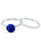 8mm Round Shape Lab Created Blue Sapphire Solitaire Wedding Ring Set with Diamond Band AAAA - Rosec Jewels