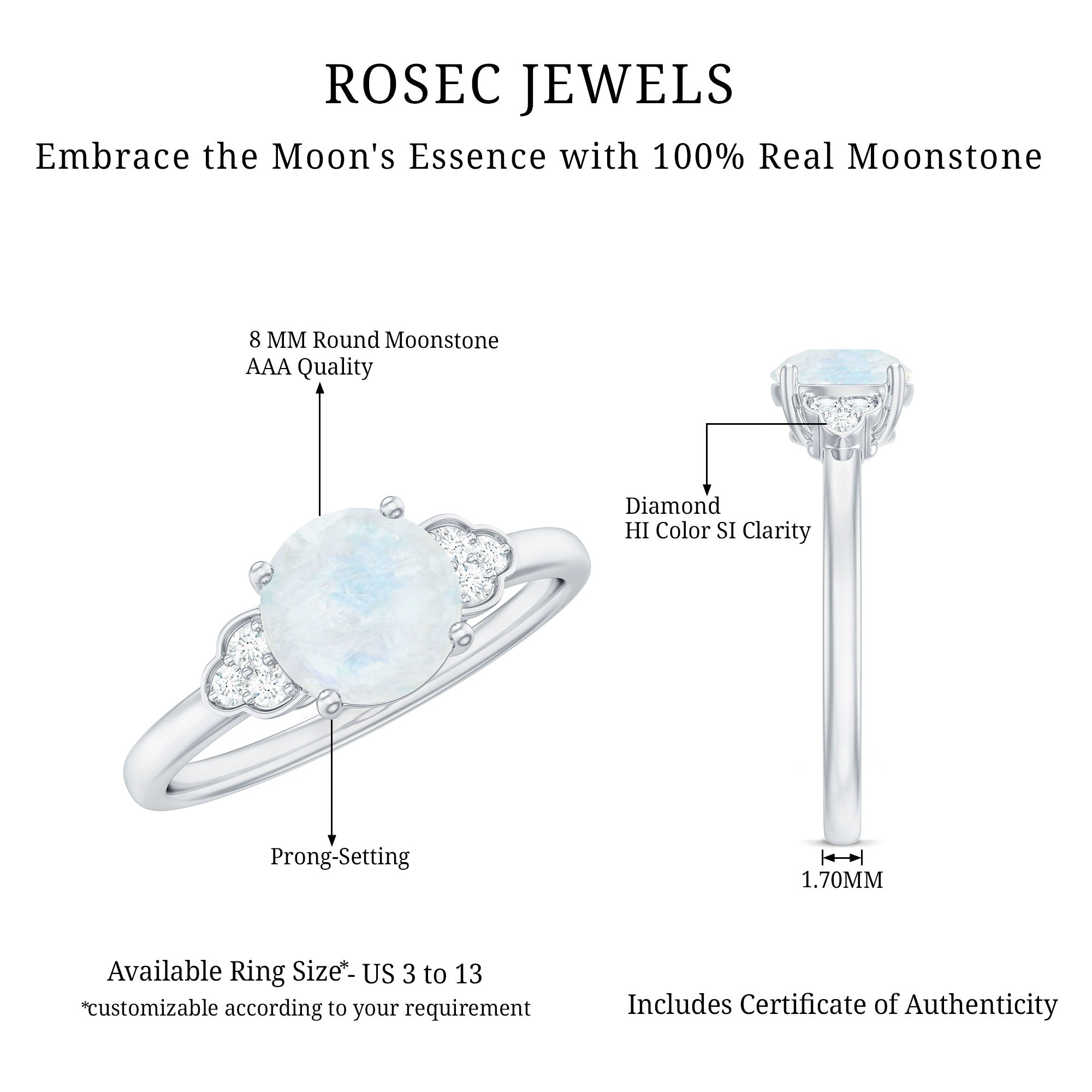 1.50 CT Moonstone Solitaire Engagement Ring with Diamond Trio AAA - Rosec Jewels