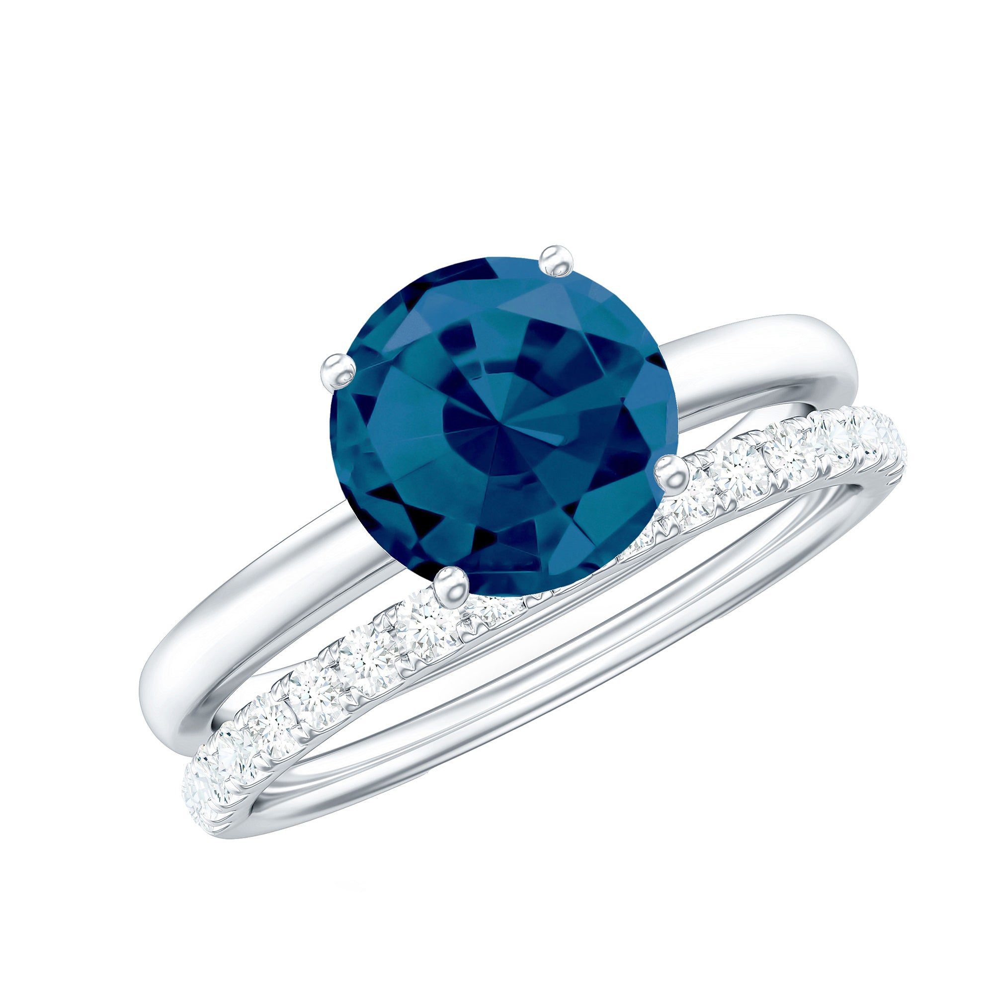 Rosec Jewels-8mm Round London Blue Topaz Solitaire Engagement Ring with Diamond Band