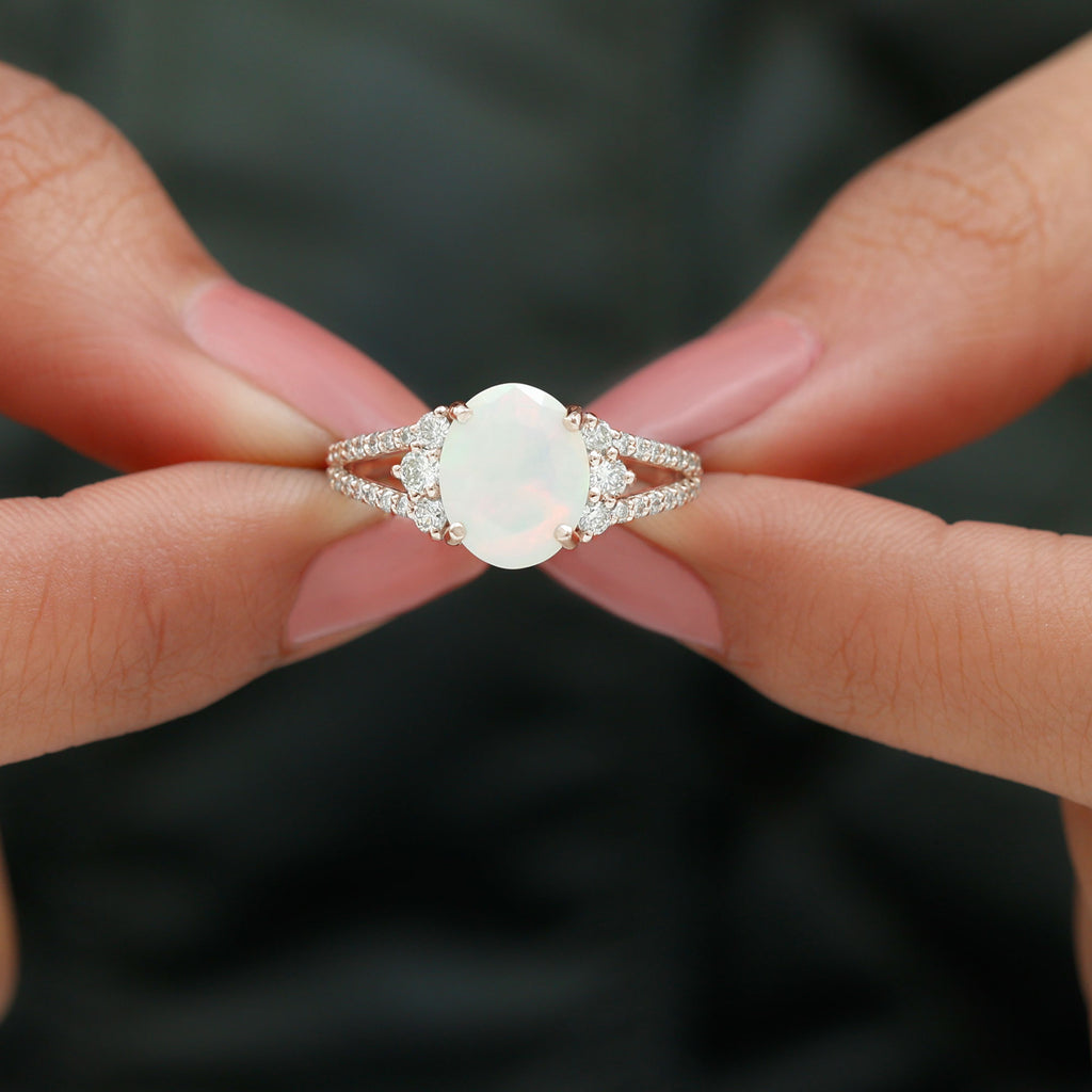 Rosec Jewels-Oval Ethiopian Opal Engagement Ring with Diamond Split Shank