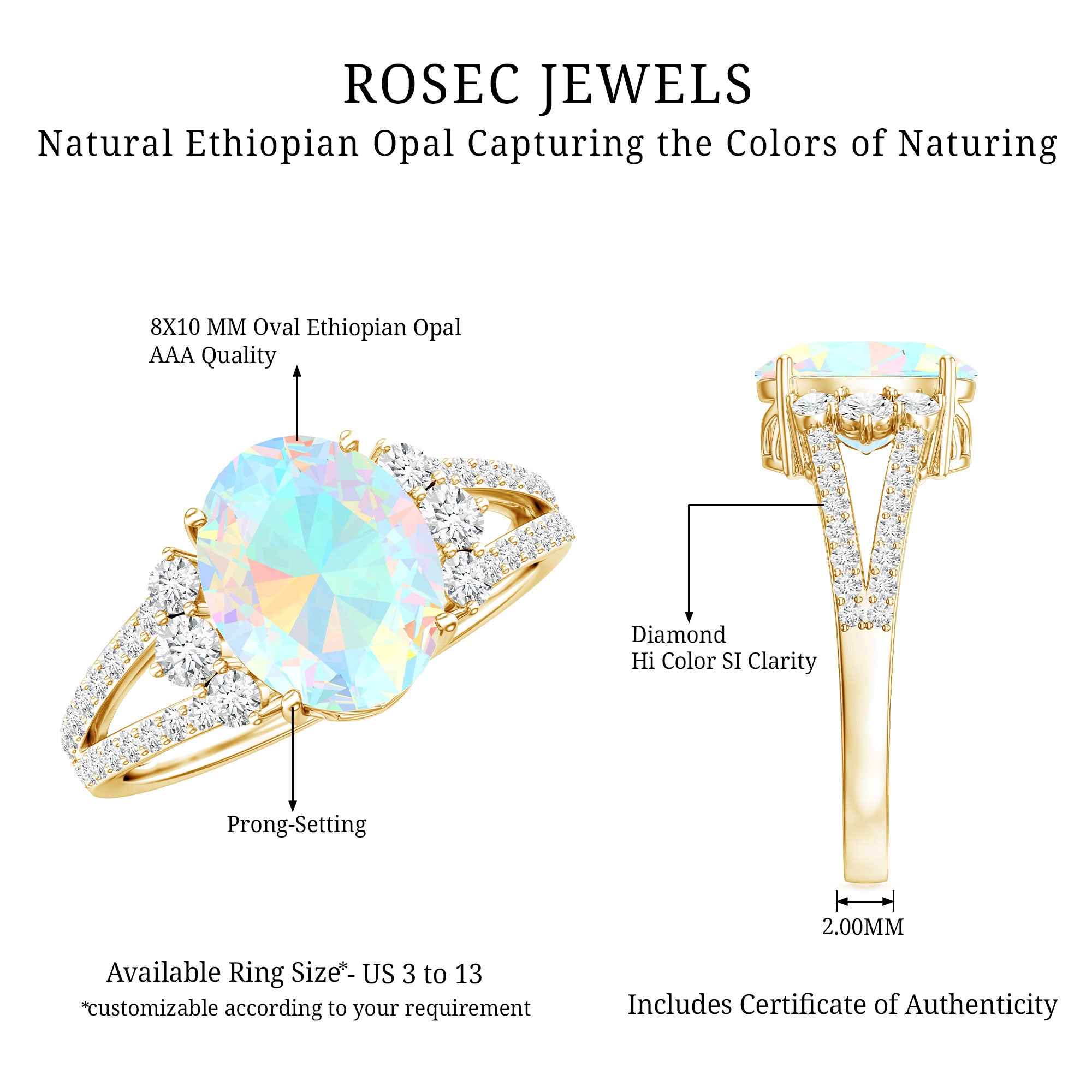 Certified 8X10 mm Ethiopian Opal Oval Engagement Ring with Diamond AAA - Rosec Jewels