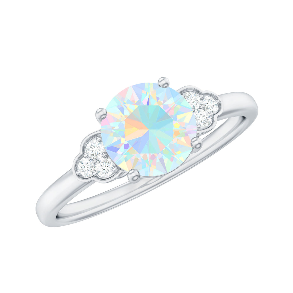 1 CT Round Ethiopian Opal Solitaire Ring with Diamond Trio Ethiopian Opal - ( AAA ) - Quality - Rosec Jewels
