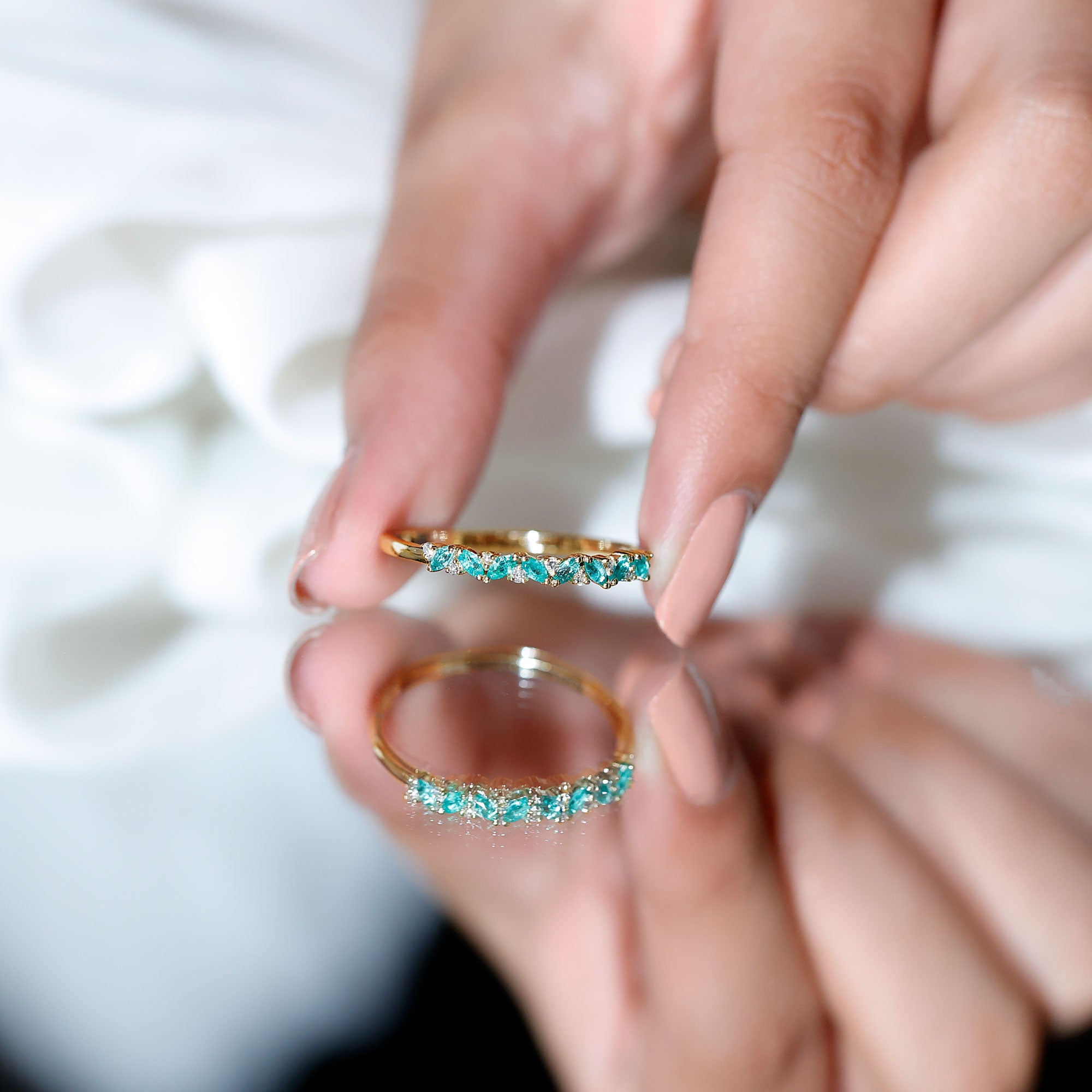 Rosec Jewels-Marquise Emerald and Diamond Half Eternity Ring