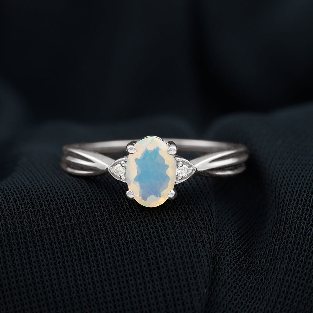 Oval Ethiopian Opal Solitaire Ring with Diamond Stones Ethiopian Opal - ( AAA ) - Quality - Rosec Jewels