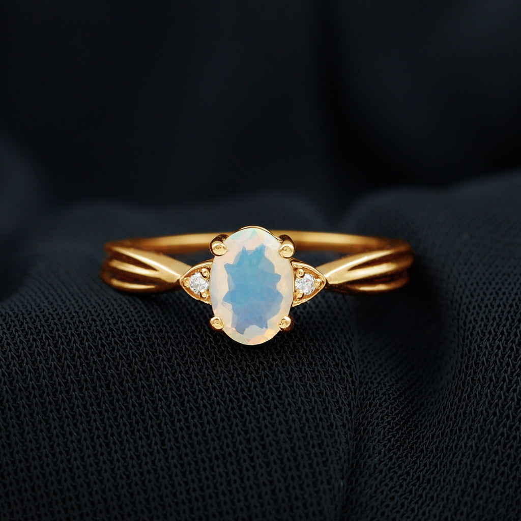 Oval Ethiopian Opal Solitaire Ring with Diamond Stones Ethiopian Opal - ( AAA ) - Quality - Rosec Jewels