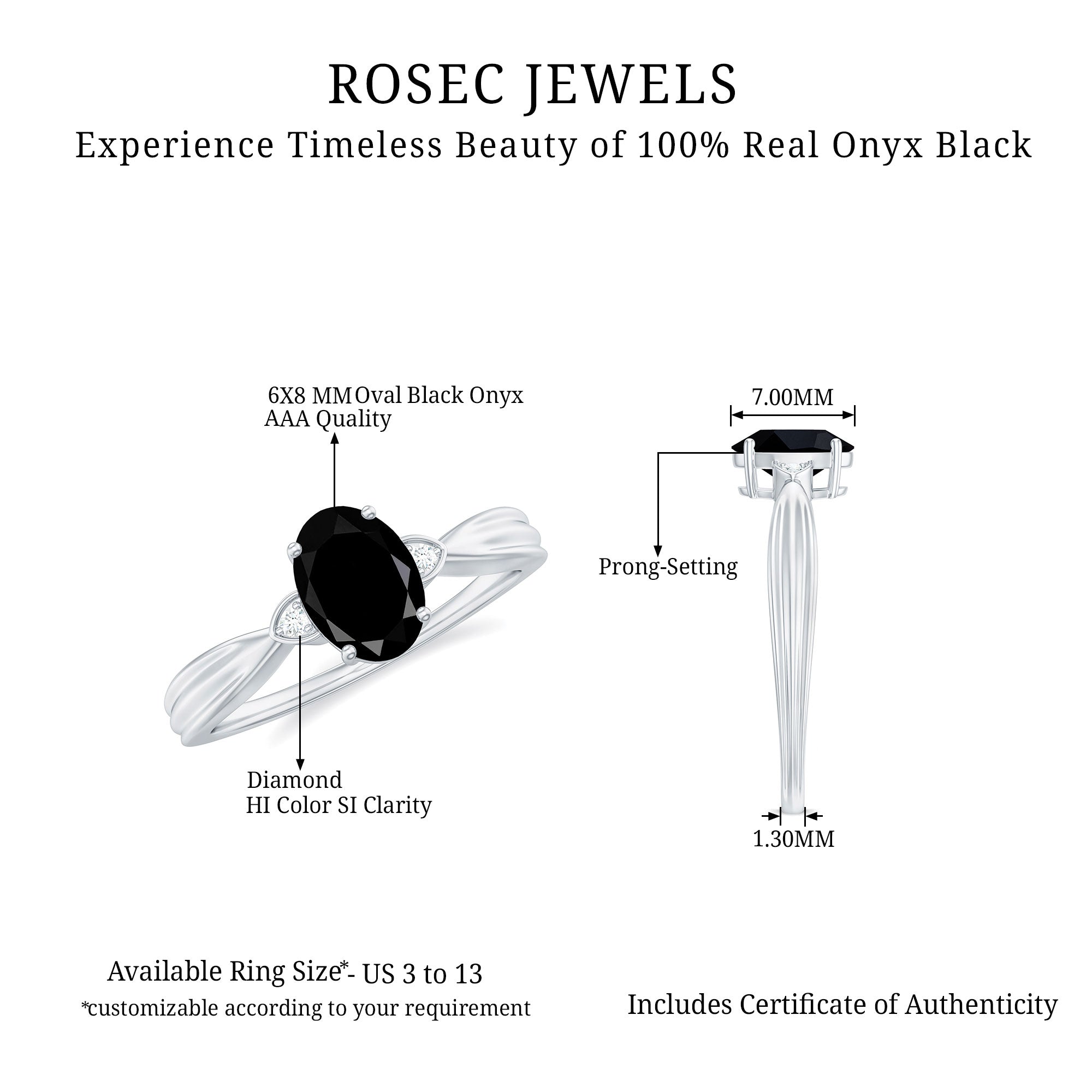 Oval Shape Black Onyx Solitaire Ring with Diamond Black Onyx - ( AAA ) - Quality - Rosec Jewels