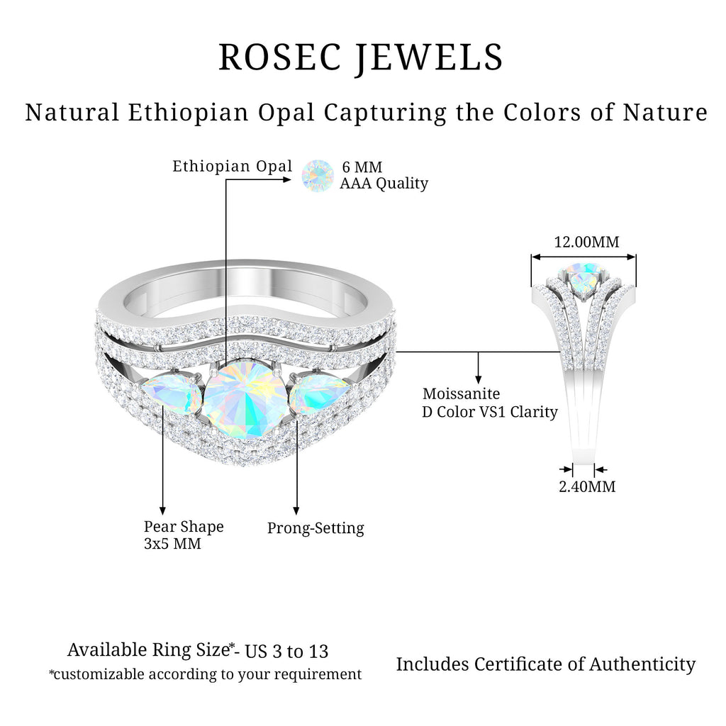 3 Stone Ethiopian Opal Cocktail Statement Ring with Moissanite Ethiopian Opal - ( AAA ) - Quality - Rosec Jewels