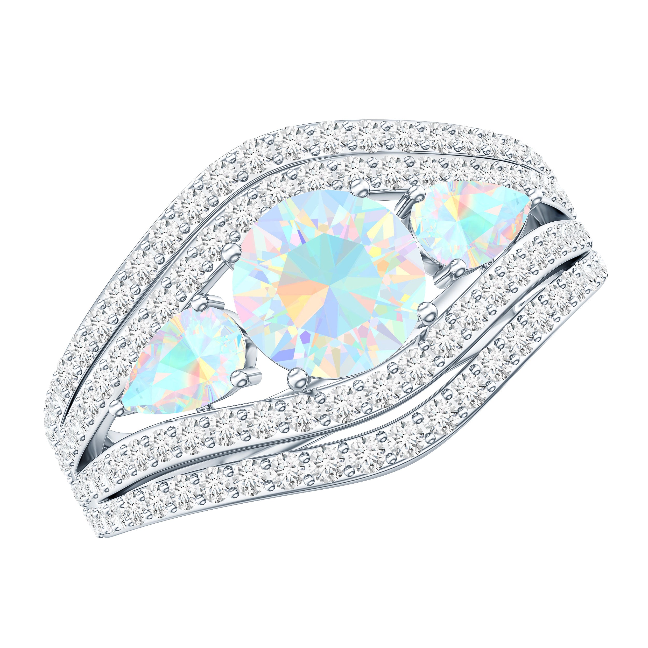 Real Ethiopian Opal 3 Stone Engagement Ring with Moissanite AAA - Rosec Jewels