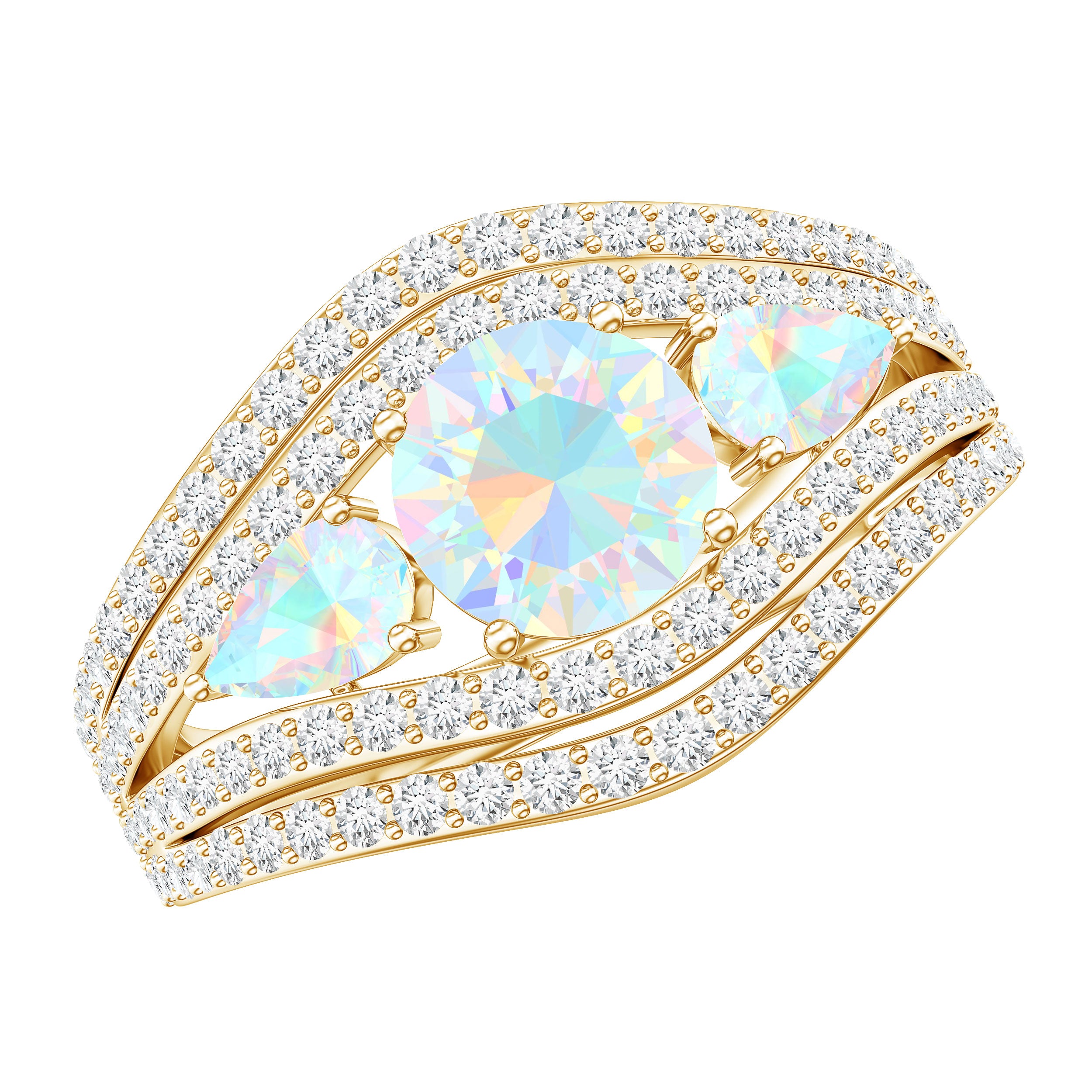 Real Ethiopian Opal 3 Stone Engagement Ring with Moissanite AAA - Rosec Jewels
