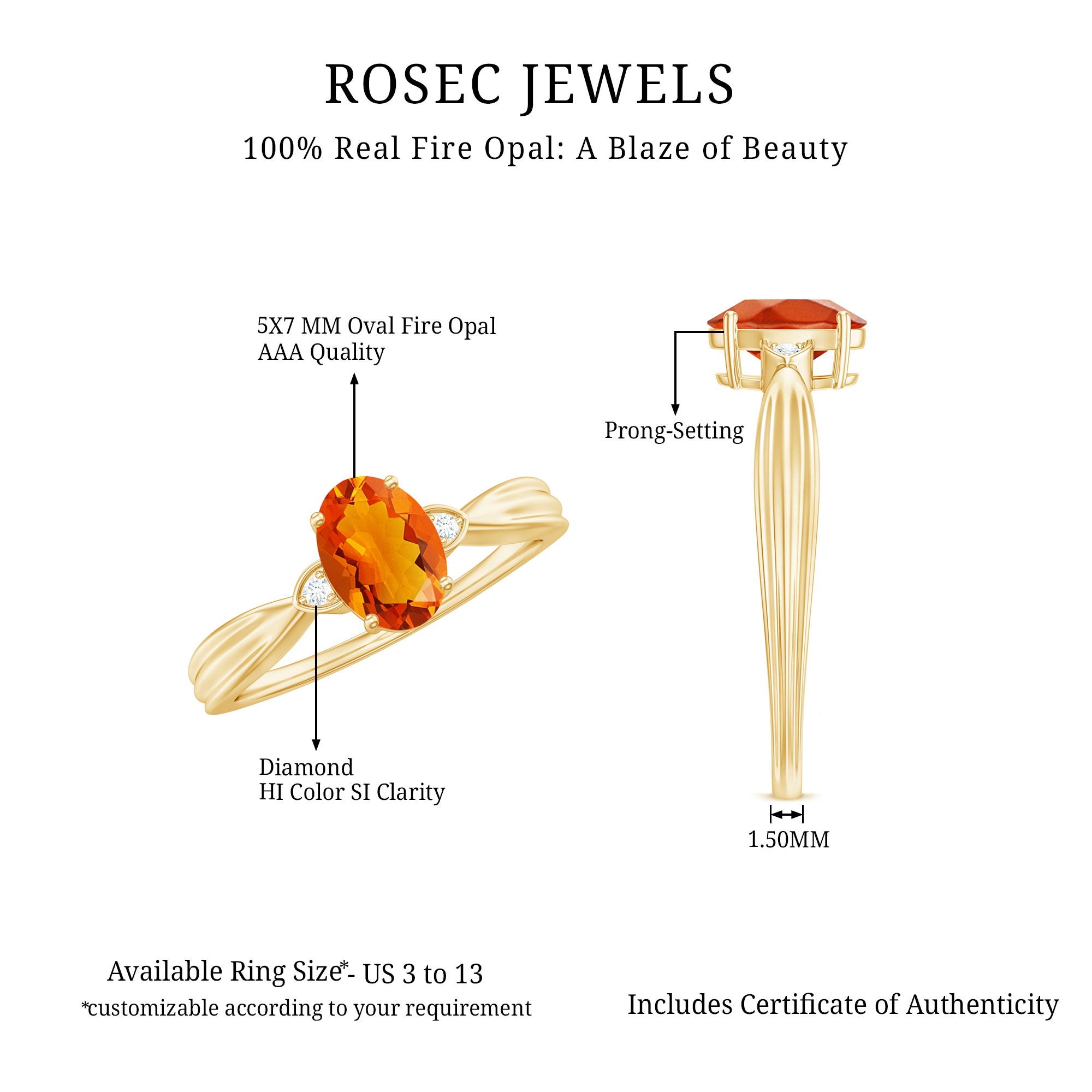 3/4 CT Oval Shape Fire Opal Engagement Ring with Diamond AAA - Rosec Jewels