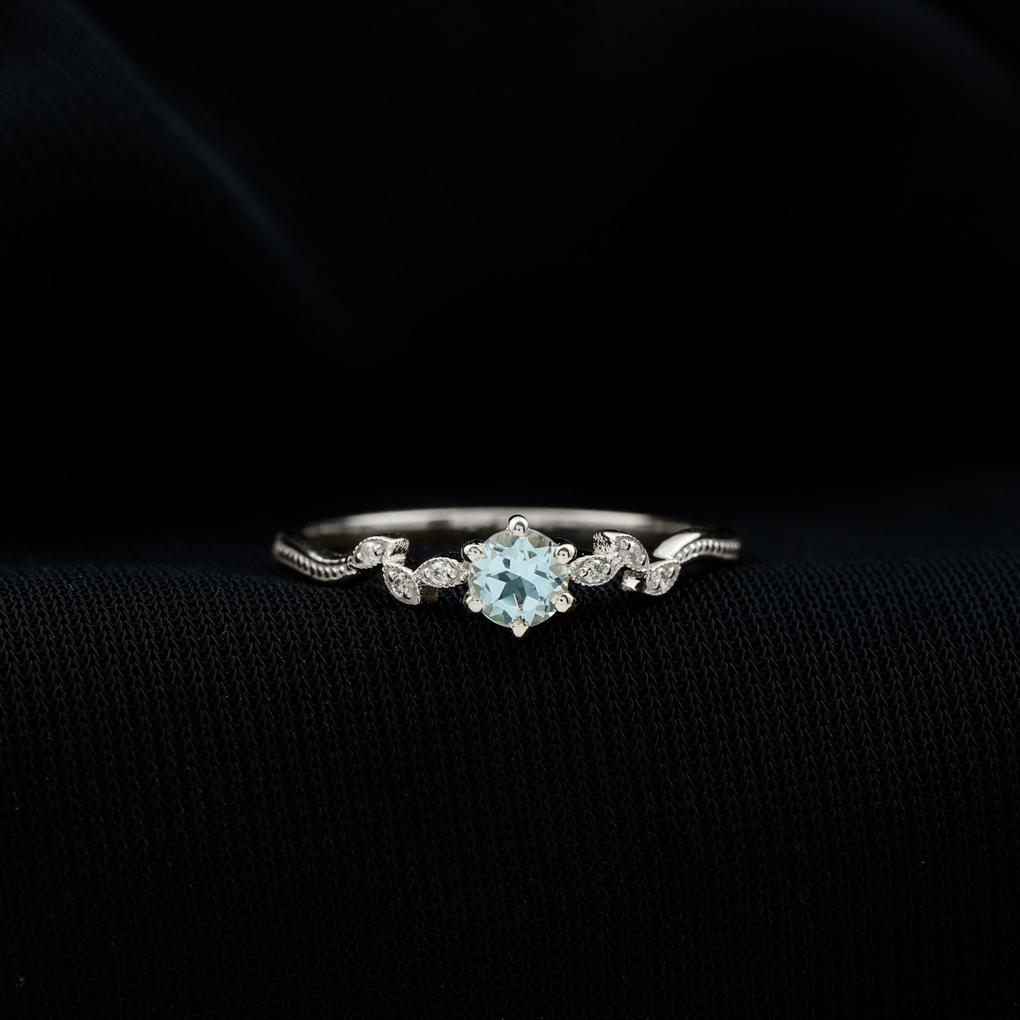 Sky Blue Topaz and Diamond Leaf Promise Ring with Milgrain Sky Blue Topaz - ( AAA ) - Quality - Rosec Jewels