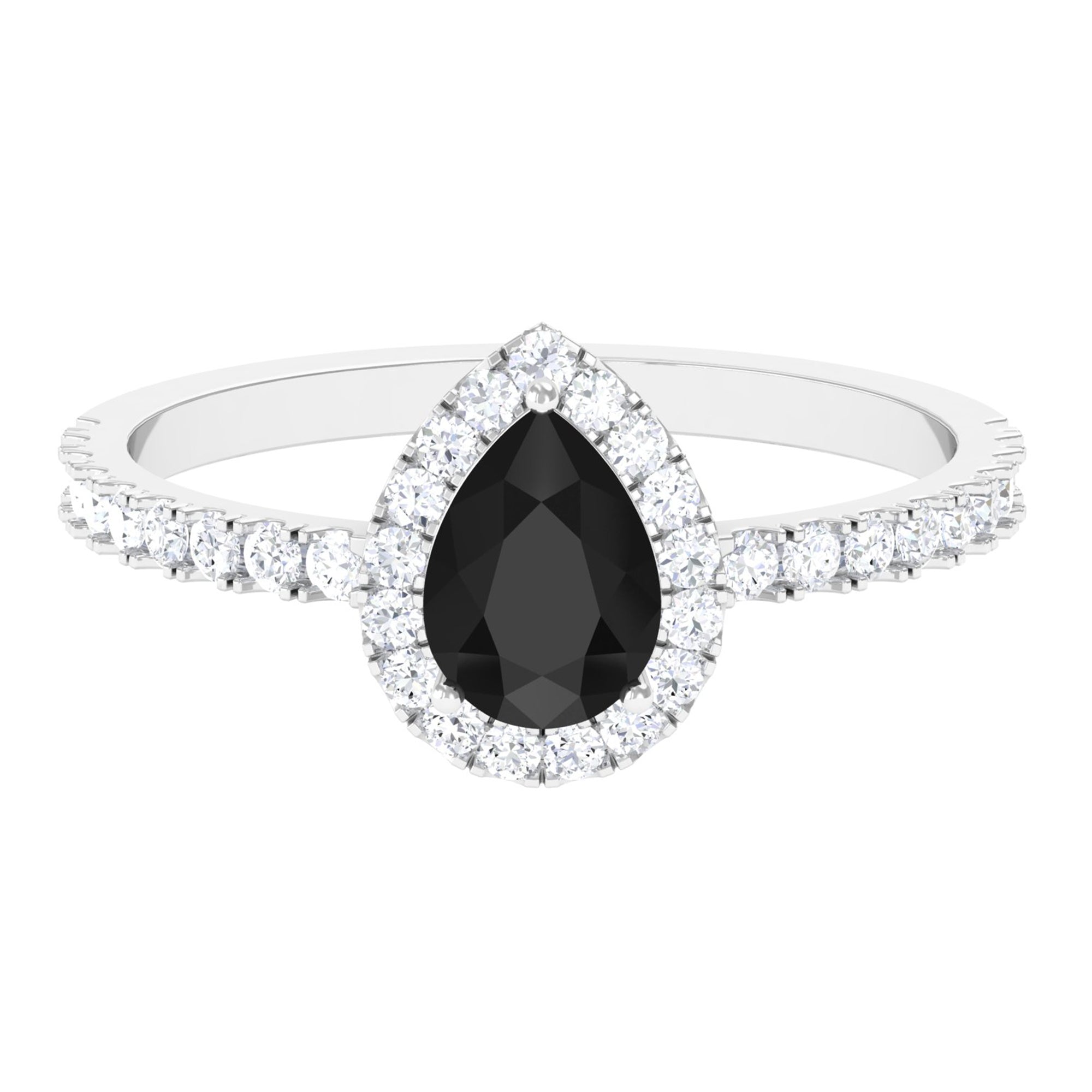 Natural Black Onyx Teardrop Engagement Ring With Diamond Halo Black Onyx - ( AAA ) - Quality - Rosec Jewels