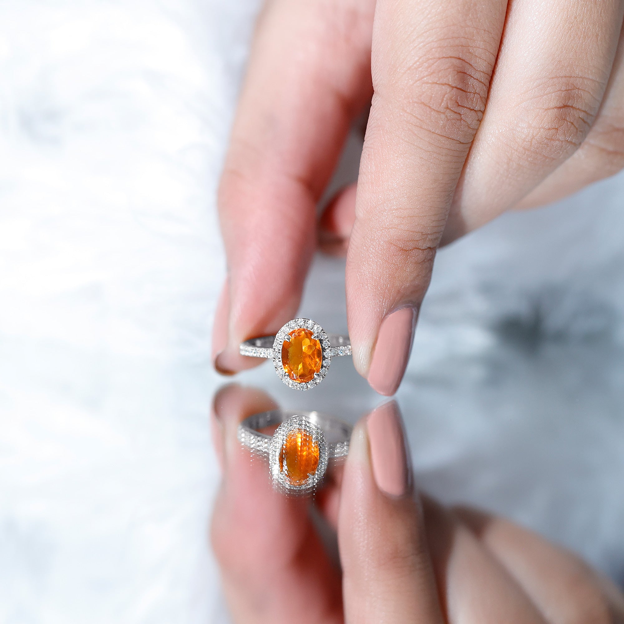 Rosec Jewels-Oval 6X8MM Fire Opal Engagement Ring with Diamond Halo