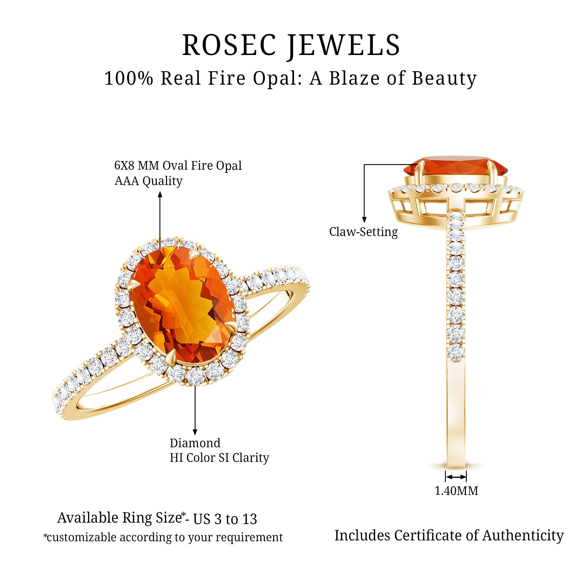 Rosec Jewels-Oval 6X8MM Fire Opal Engagement Ring with Diamond Halo