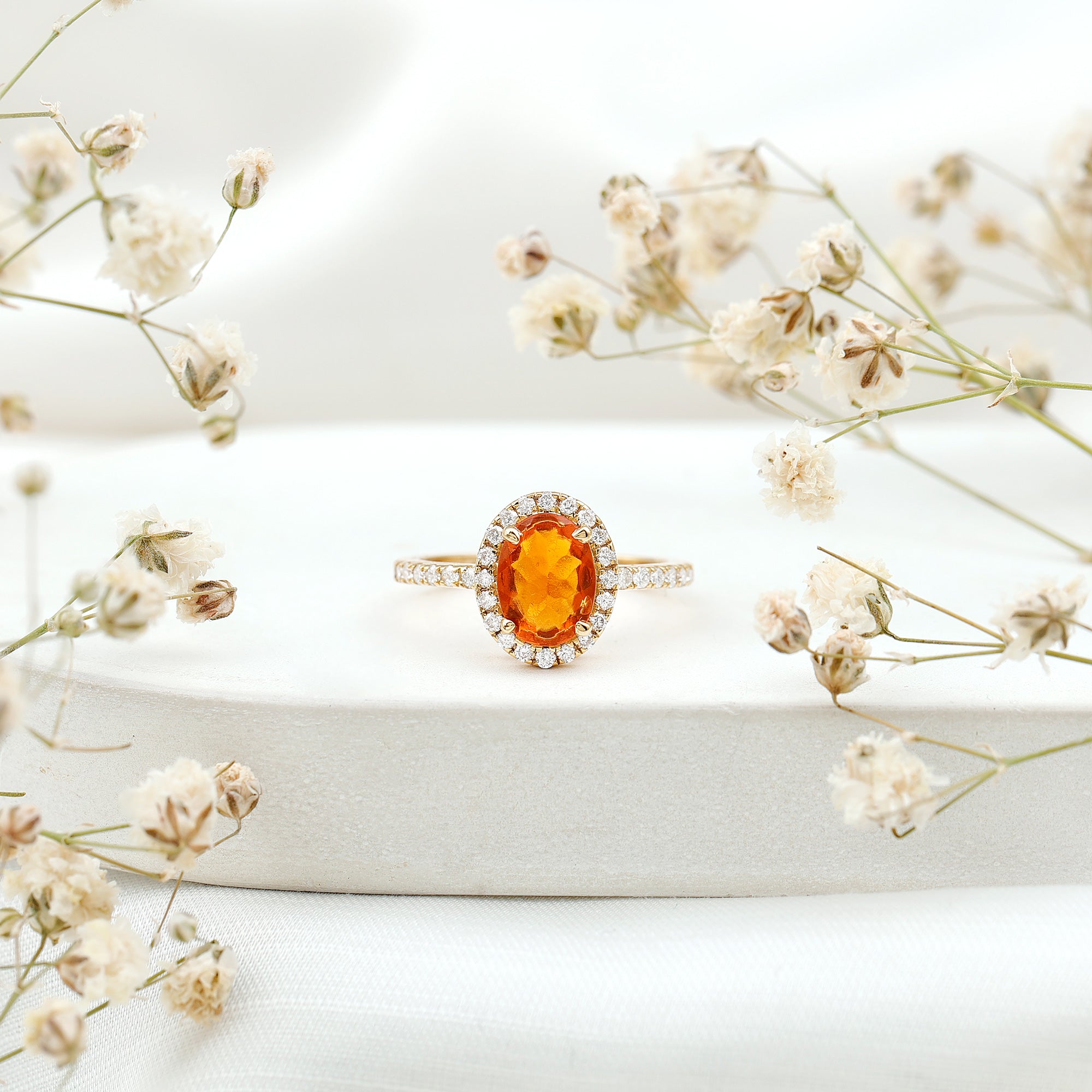 Rosec Jewels-Oval 6X8MM Fire Opal Engagement Ring with Diamond Halo