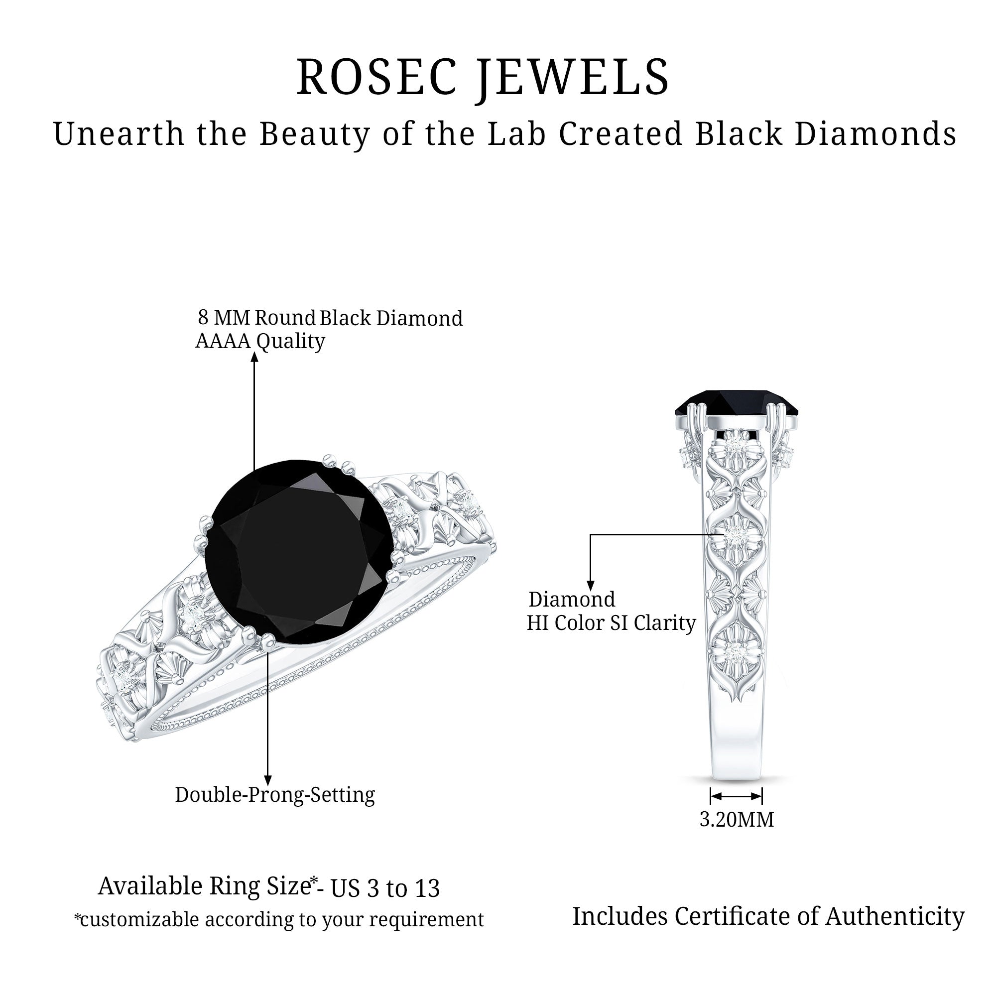 Rosec Jewels-Nature Inspired 2 Carat Lab Grown Black and White Diamond Engagement Ring