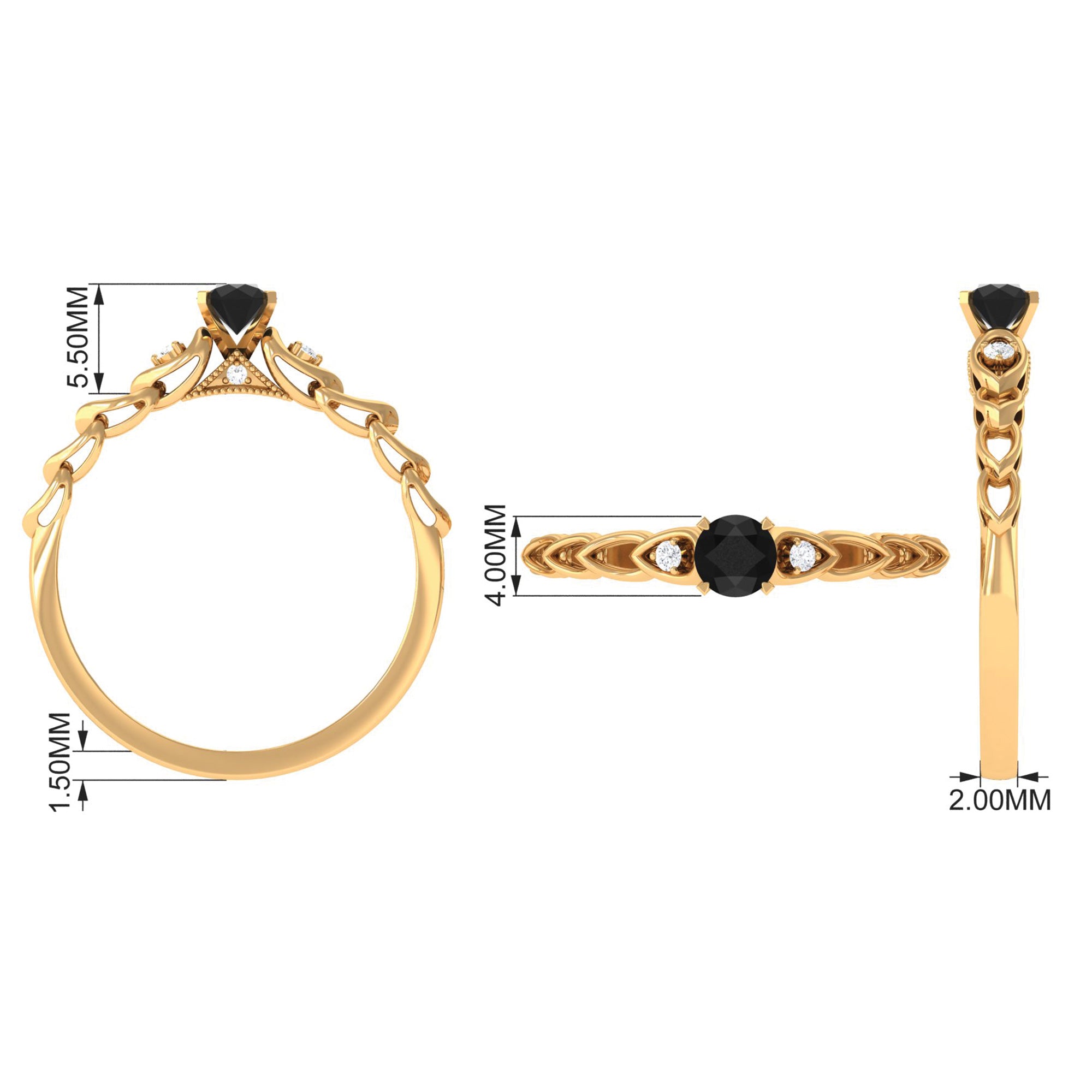 Round Created Black Diamond and Diamond Designer Promise Ring in Gold Lab Created Black Diamond - ( AAAA ) - Quality - Rosec Jewels