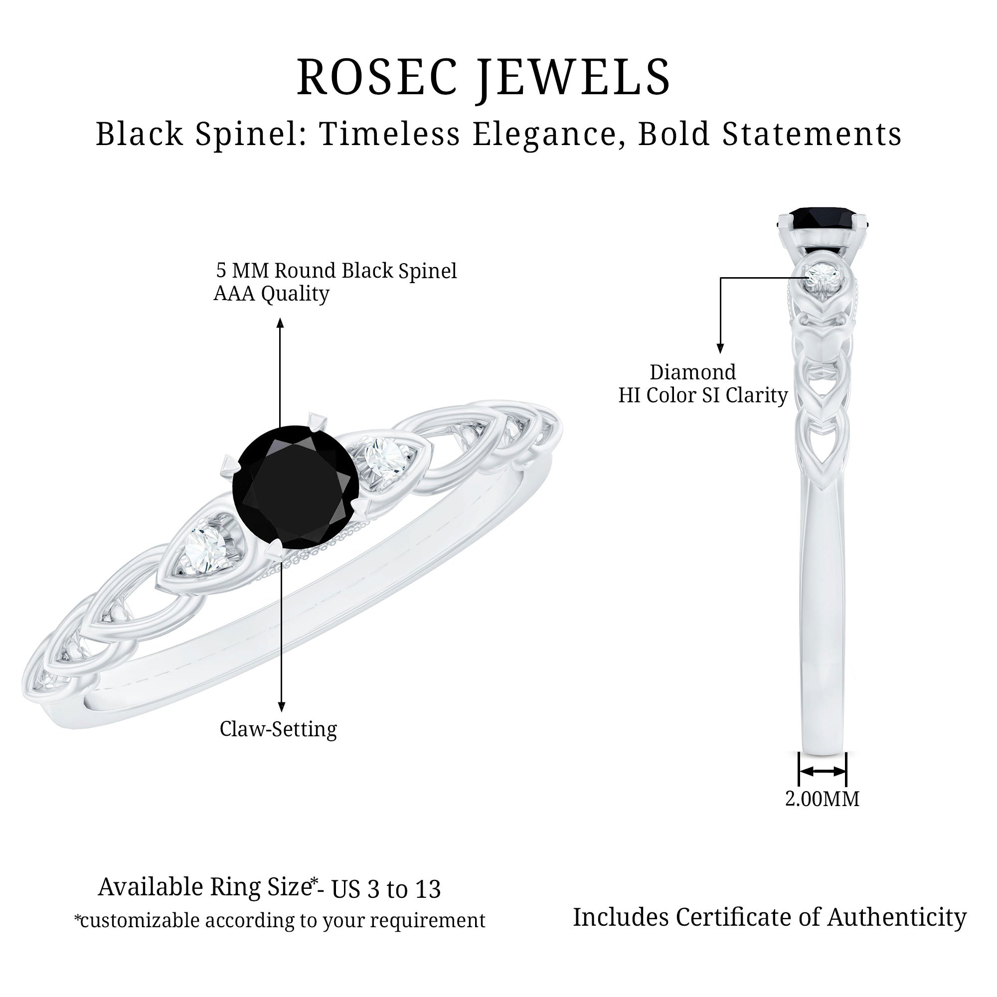 Rosec Jewels-Natural Black Spinel Diamond Promise Ring with Certificate