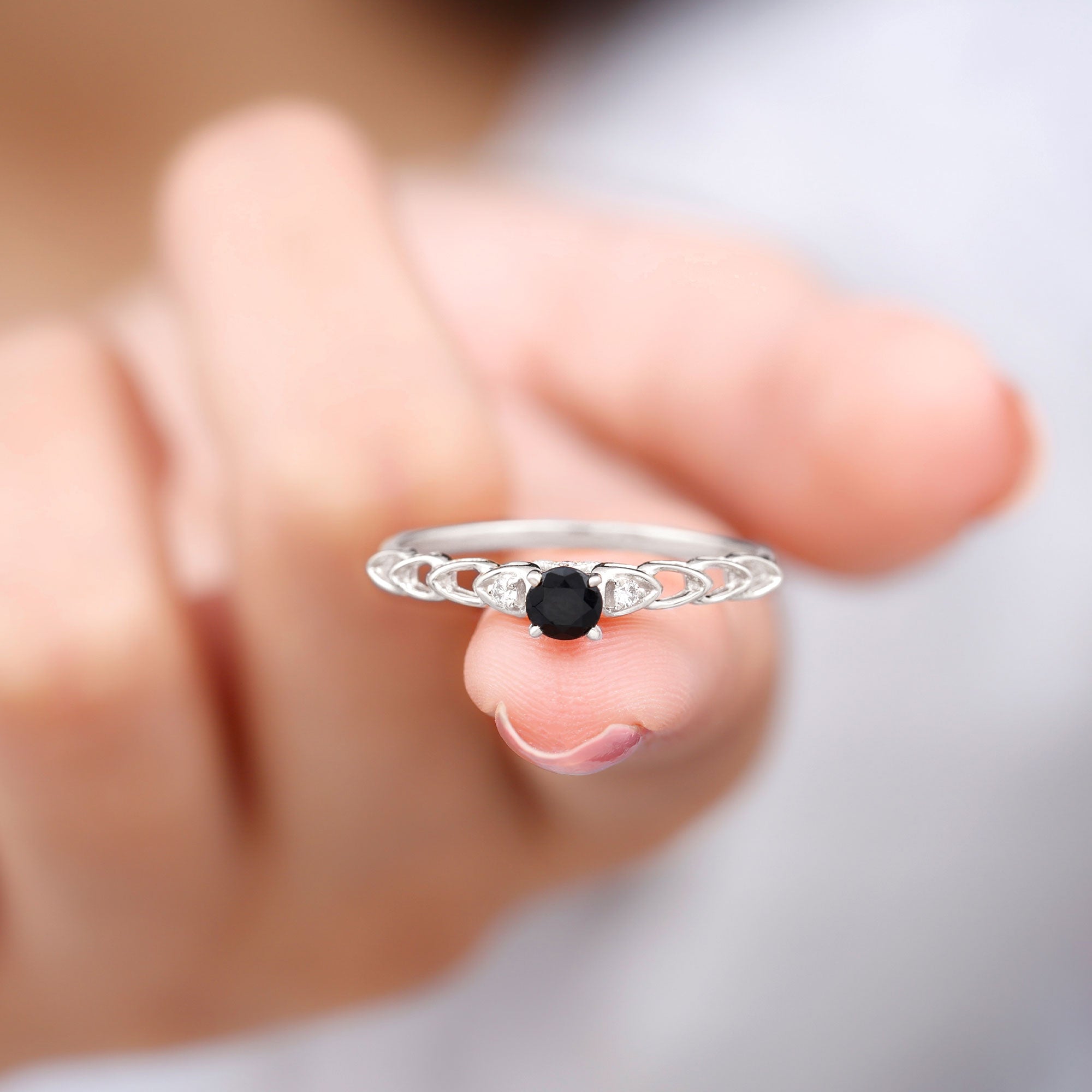 Rosec Jewels-Natural Black Spinel Diamond Promise Ring with Certificate