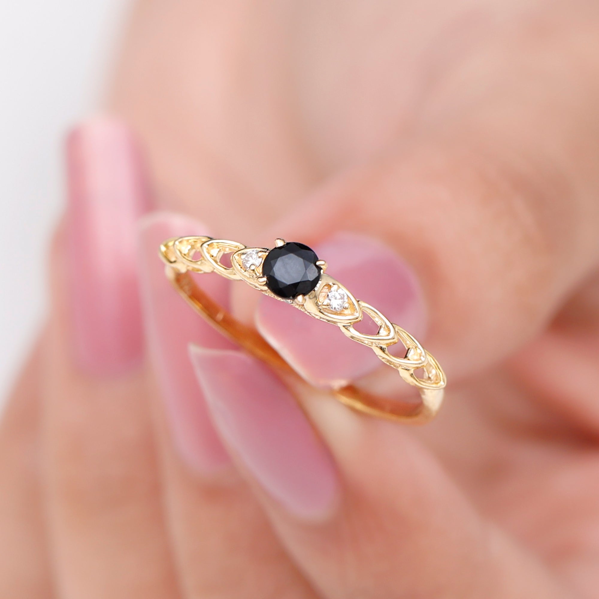 Rosec Jewels-Natural Black Spinel Diamond Promise Ring with Certificate