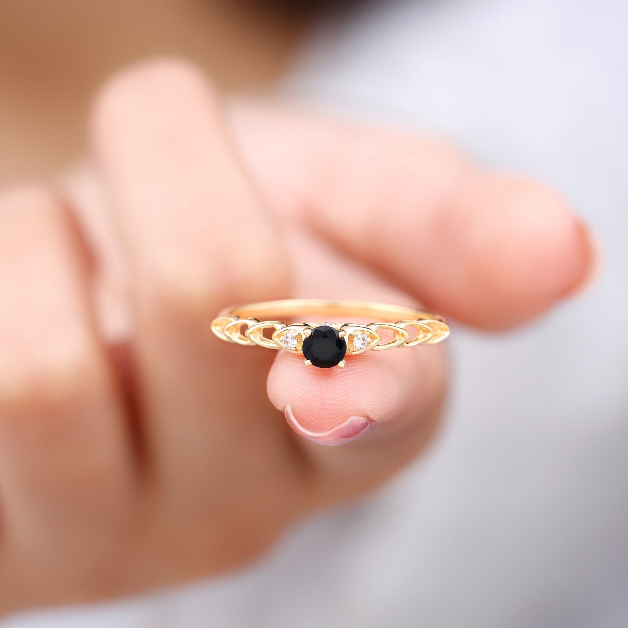 Rosec Jewels-Natural Black Spinel Diamond Promise Ring with Certificate