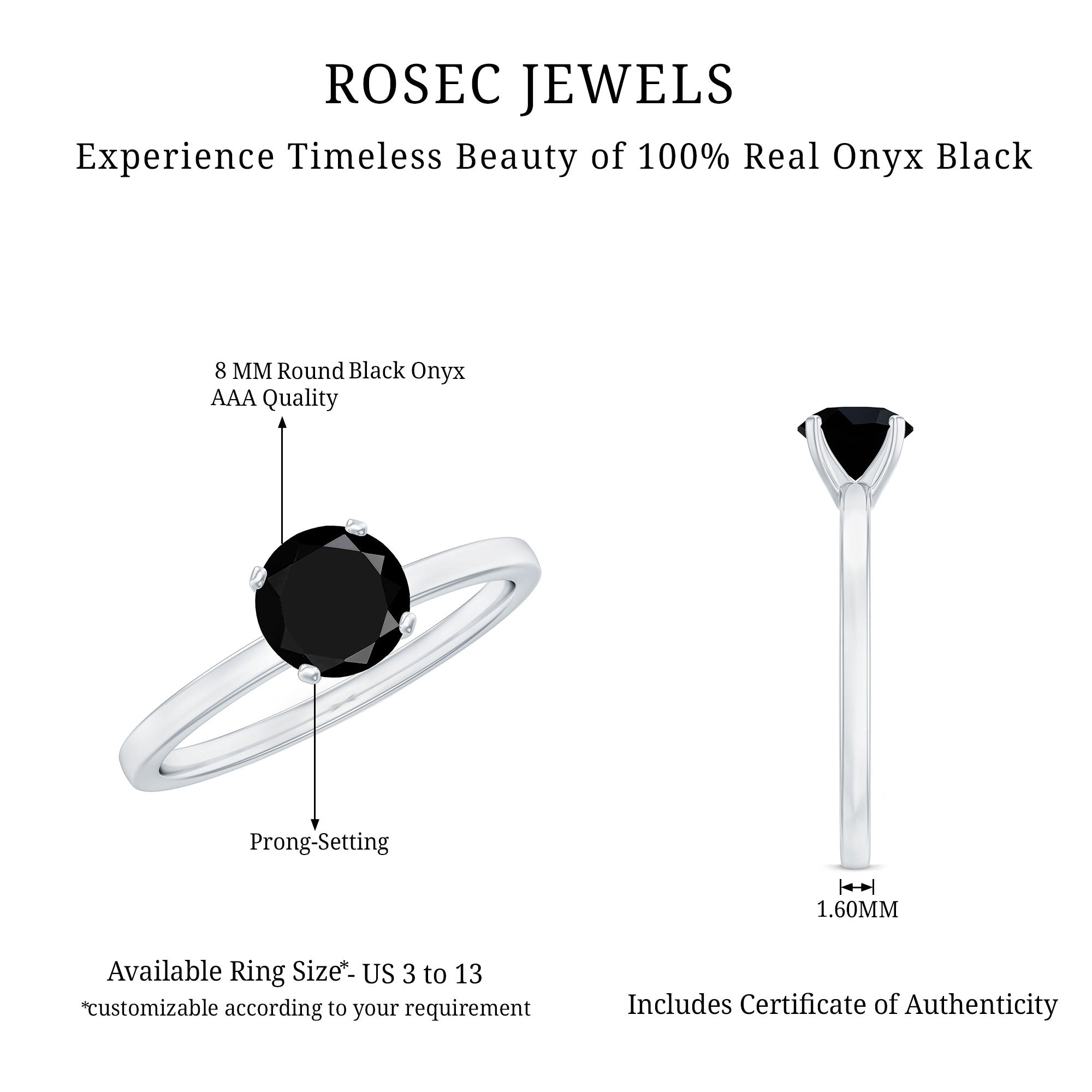Natural 2 Carat Black Onyx Engagement Ring For Women AAA - Rosec Jewels