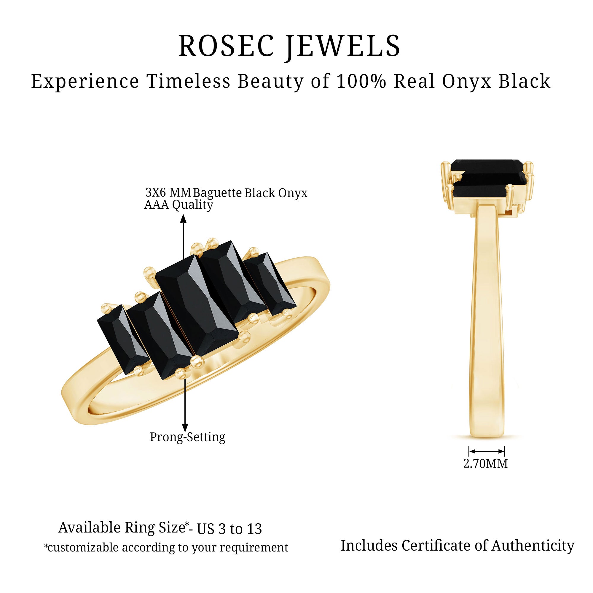 Baguette Cut Black Onyx 5 Stone Anniversary Ring AAA - Rosec Jewels
