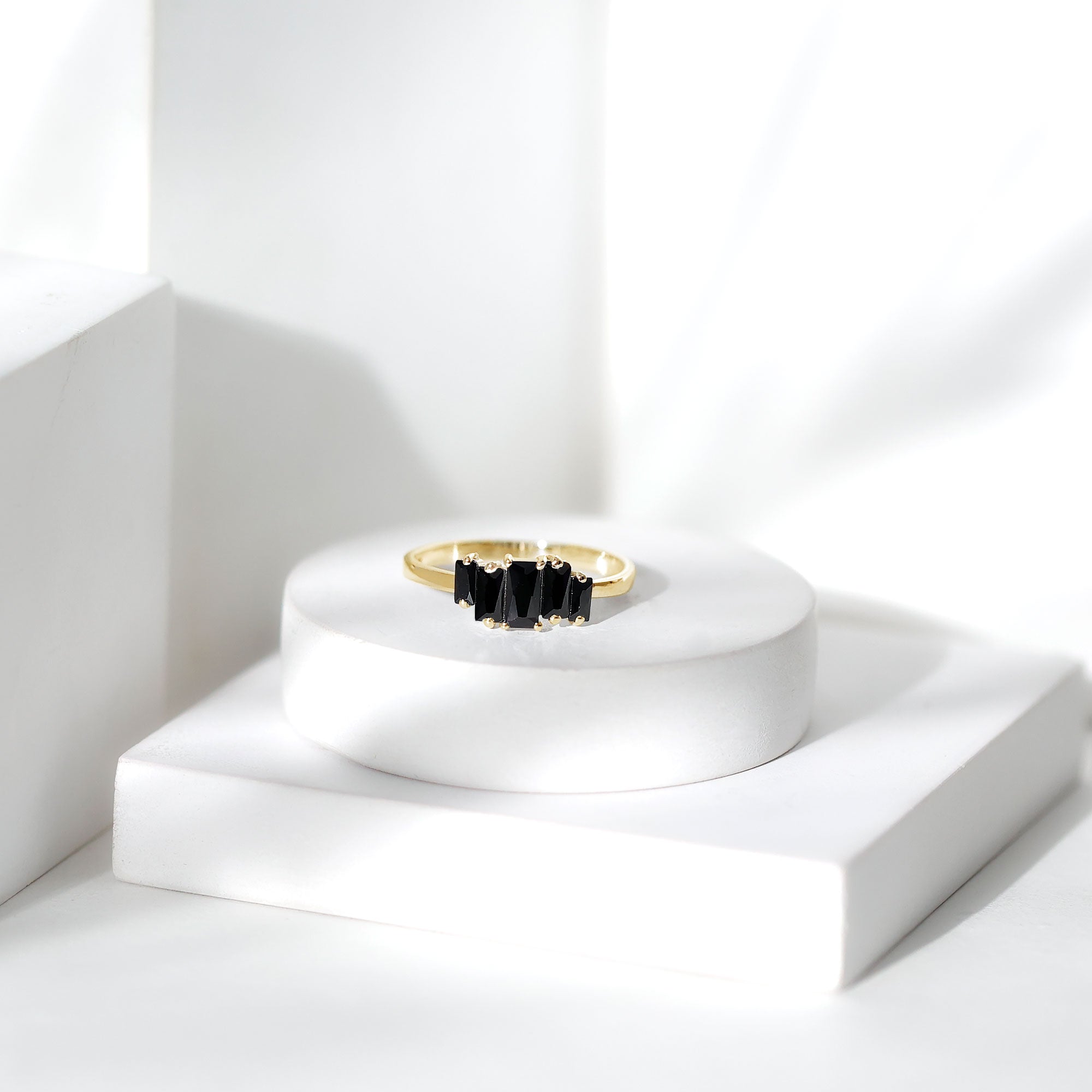 Baguette Cut Black Onyx 5 Stone Anniversary Ring AAA - Rosec Jewels