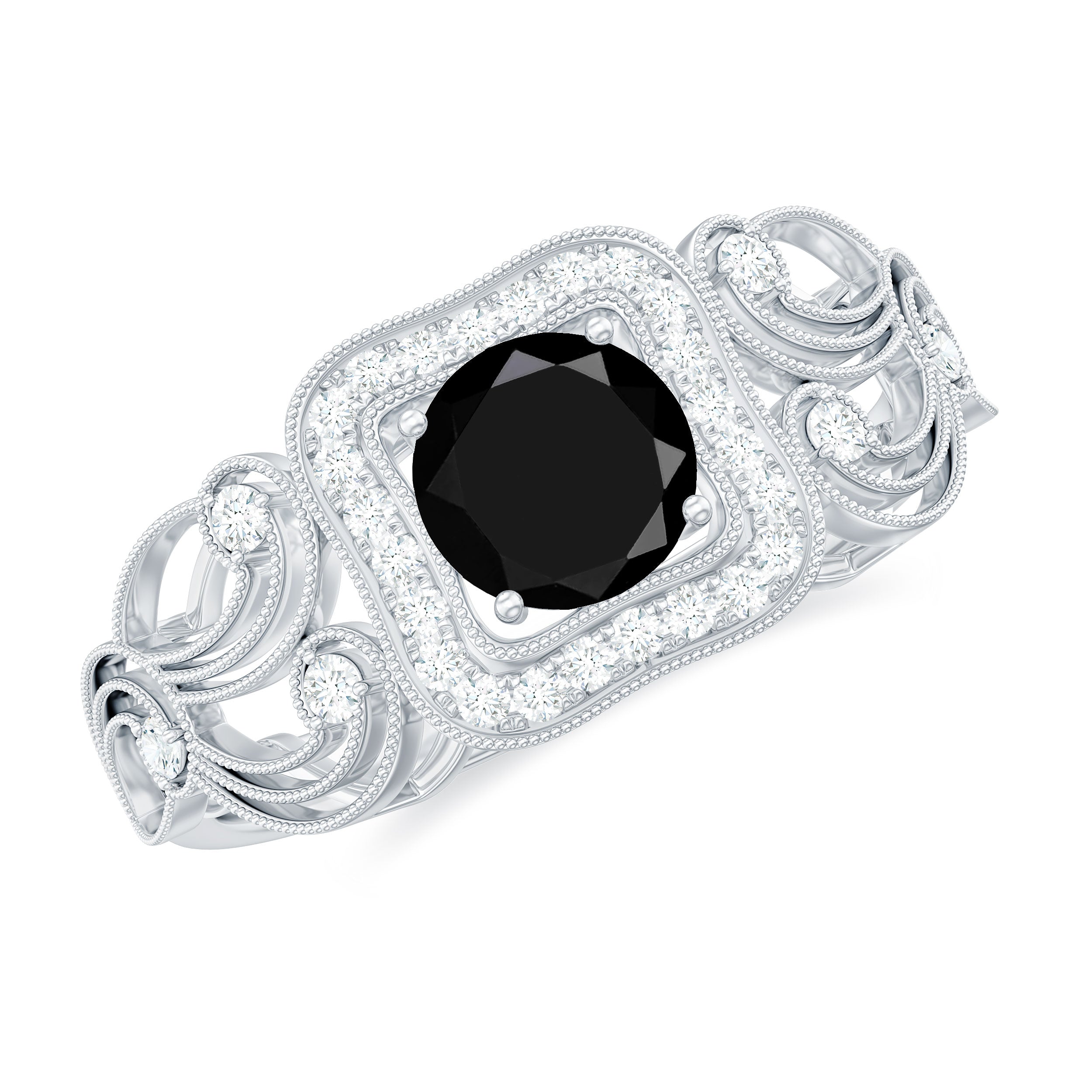 Rosec Jewels-Natural Black Spinel Retro Engagement Ring with Diamond