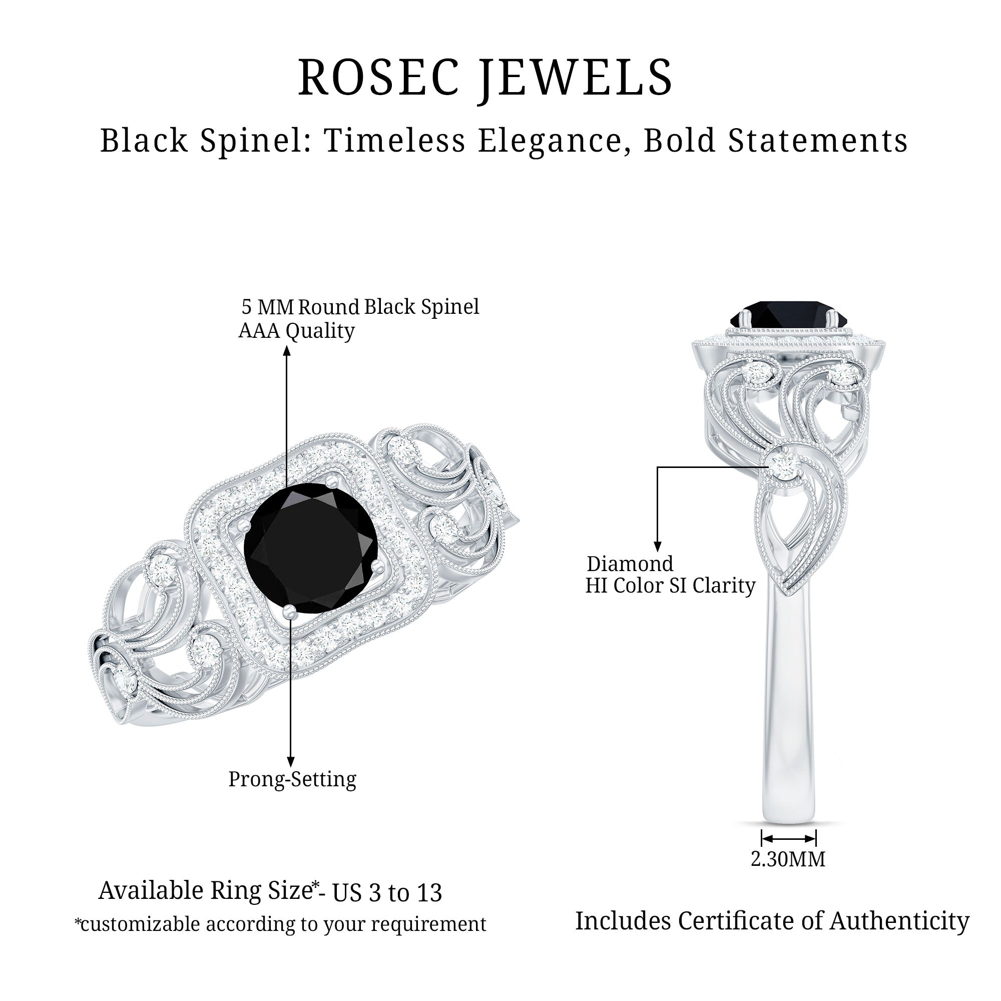 Rosec Jewels-Natural Black Spinel Retro Engagement Ring with Diamond