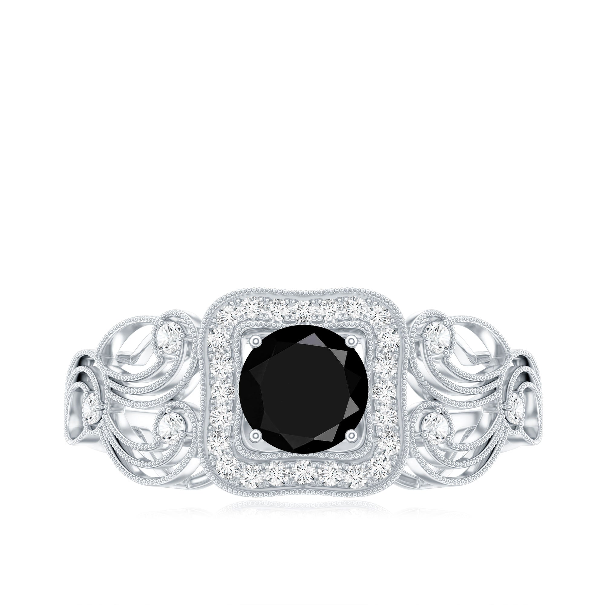 Natural Black Spinel Retro Engagement Ring with Diamond AAA - Rosec Jewels