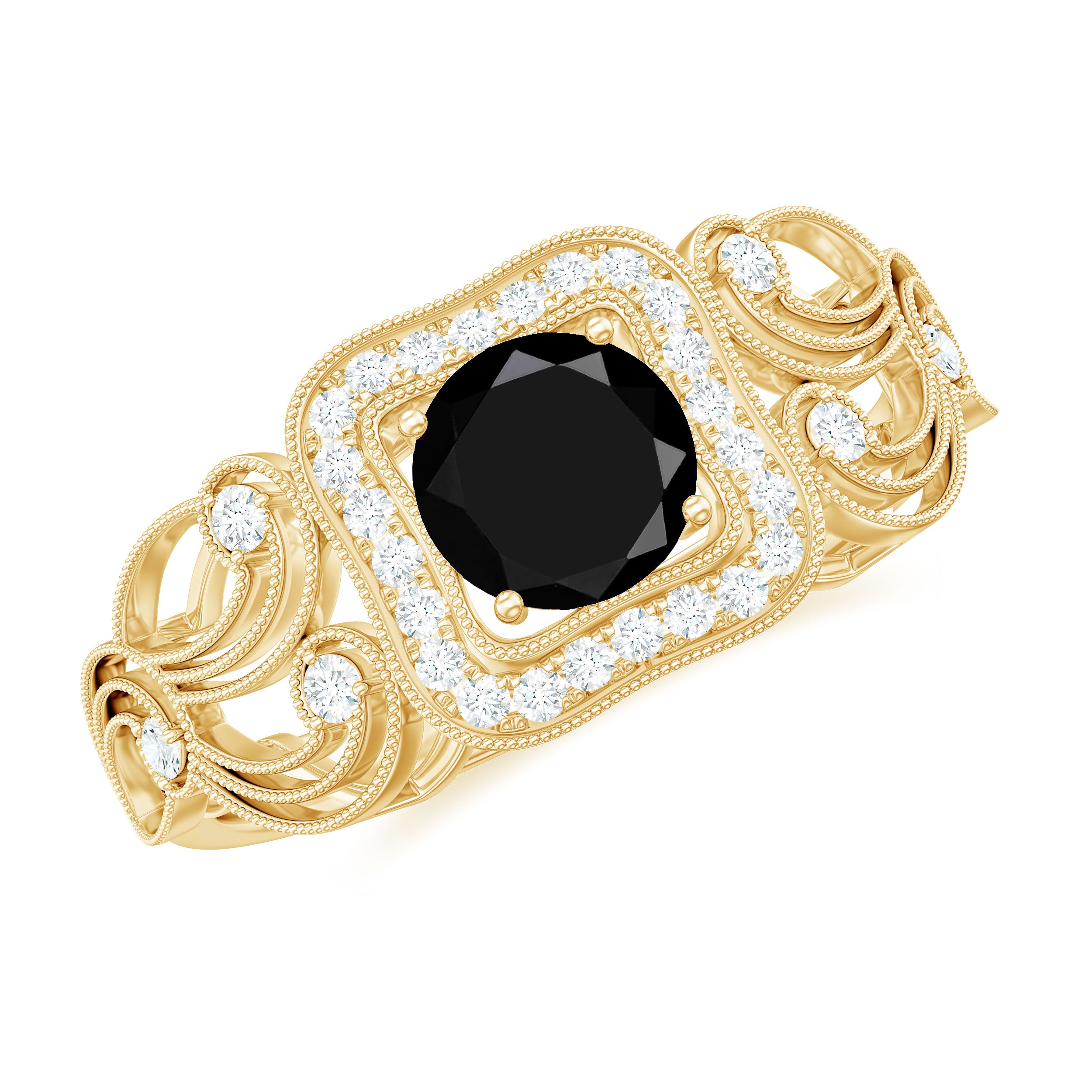 Rosec Jewels-Natural Black Spinel Retro Engagement Ring with Diamond