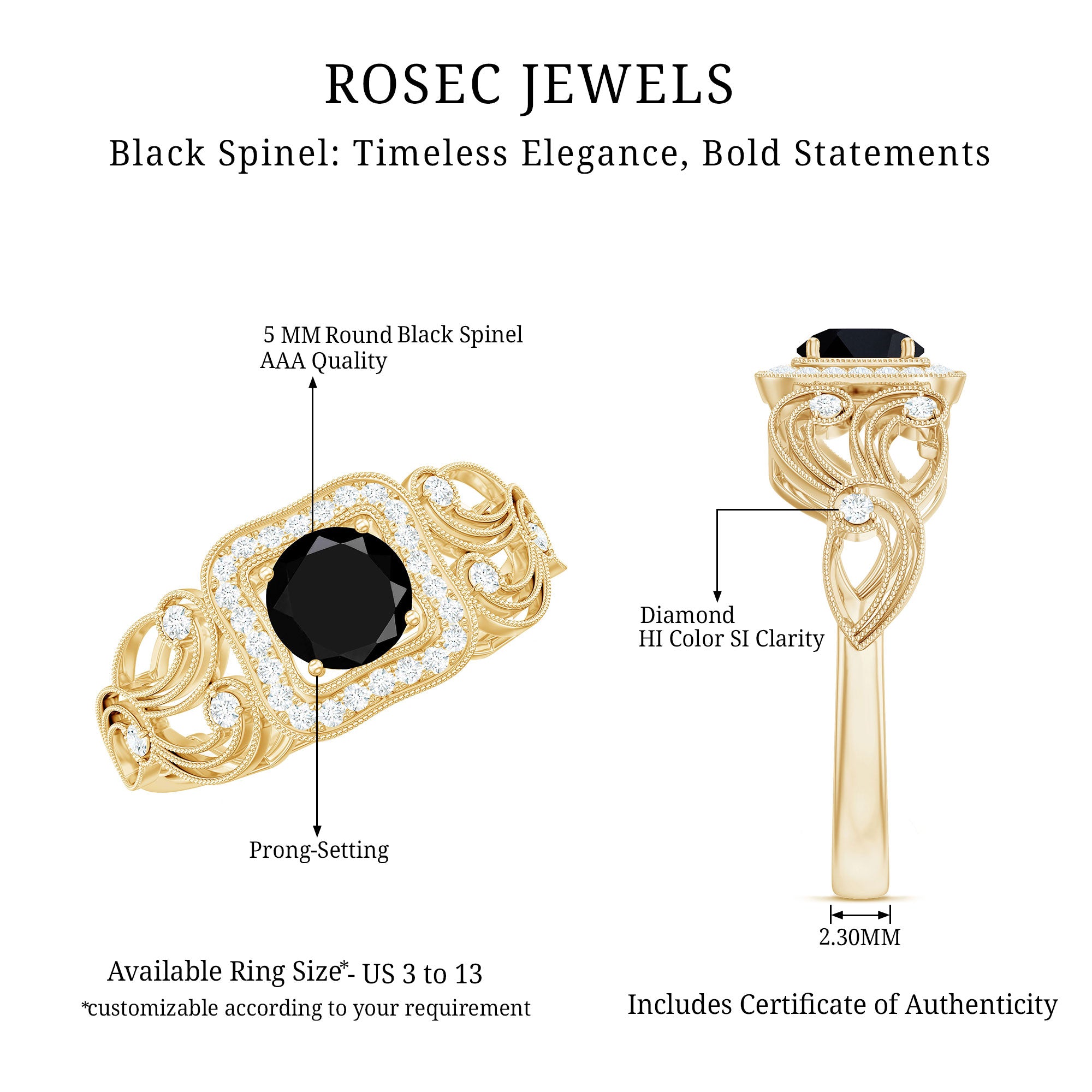 Rosec Jewels-Natural Black Spinel Retro Engagement Ring with Diamond
