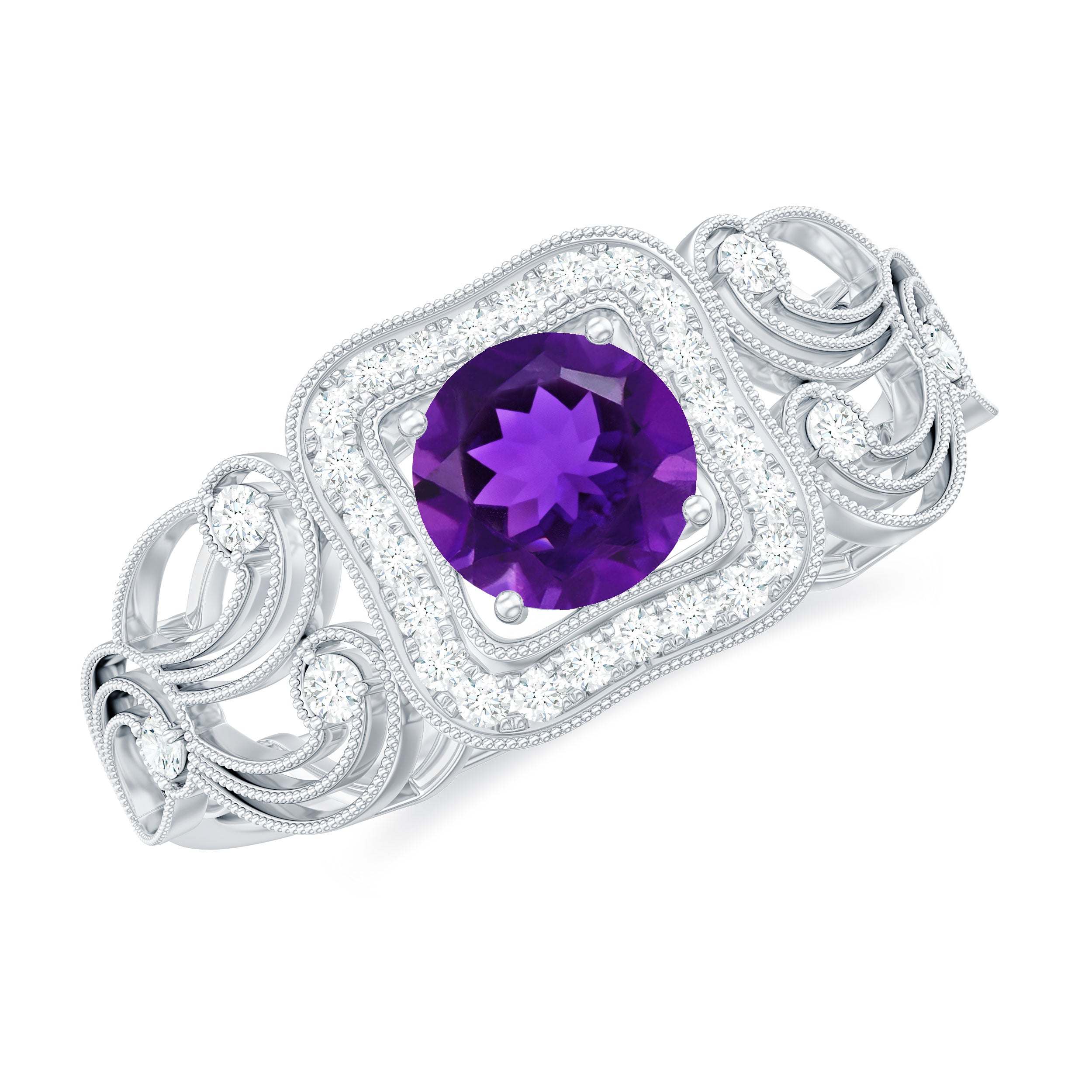 Rosec Jewels-Vintage Inspired Real Amethyst Engagement Ring with Diamond