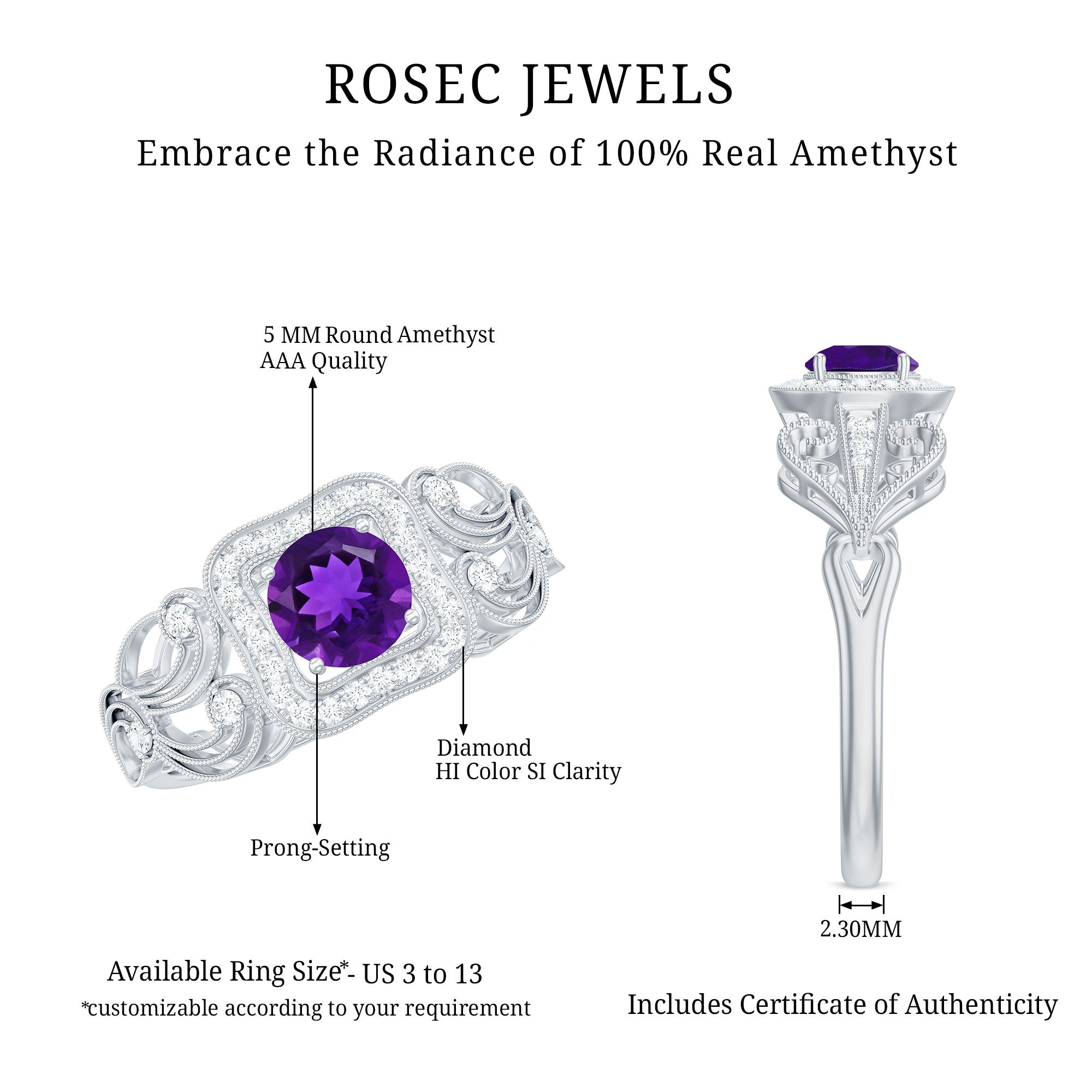 Rosec Jewels-Vintage Inspired Real Amethyst Engagement Ring with Diamond