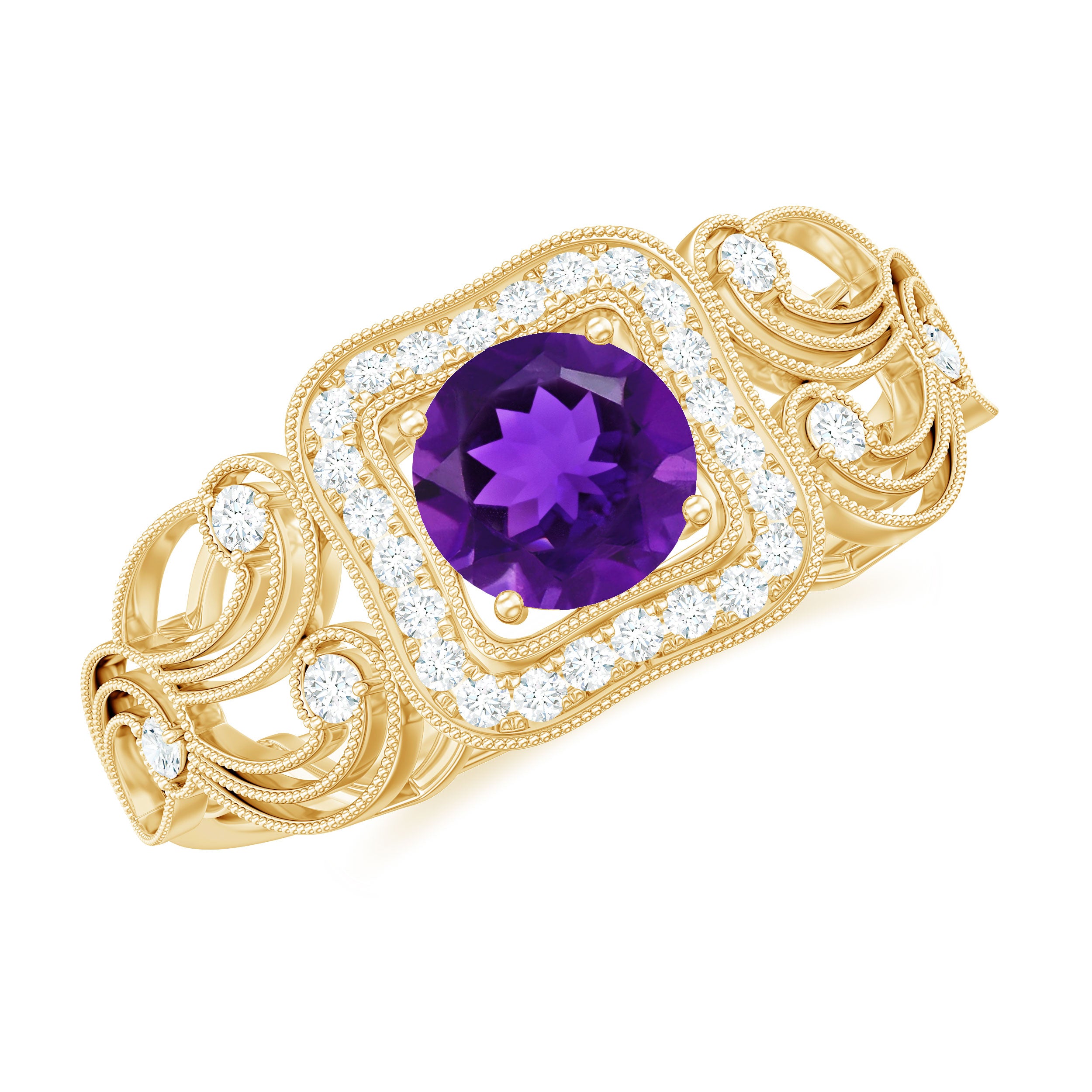 Rosec Jewels-Vintage Inspired Real Amethyst Engagement Ring with Diamond