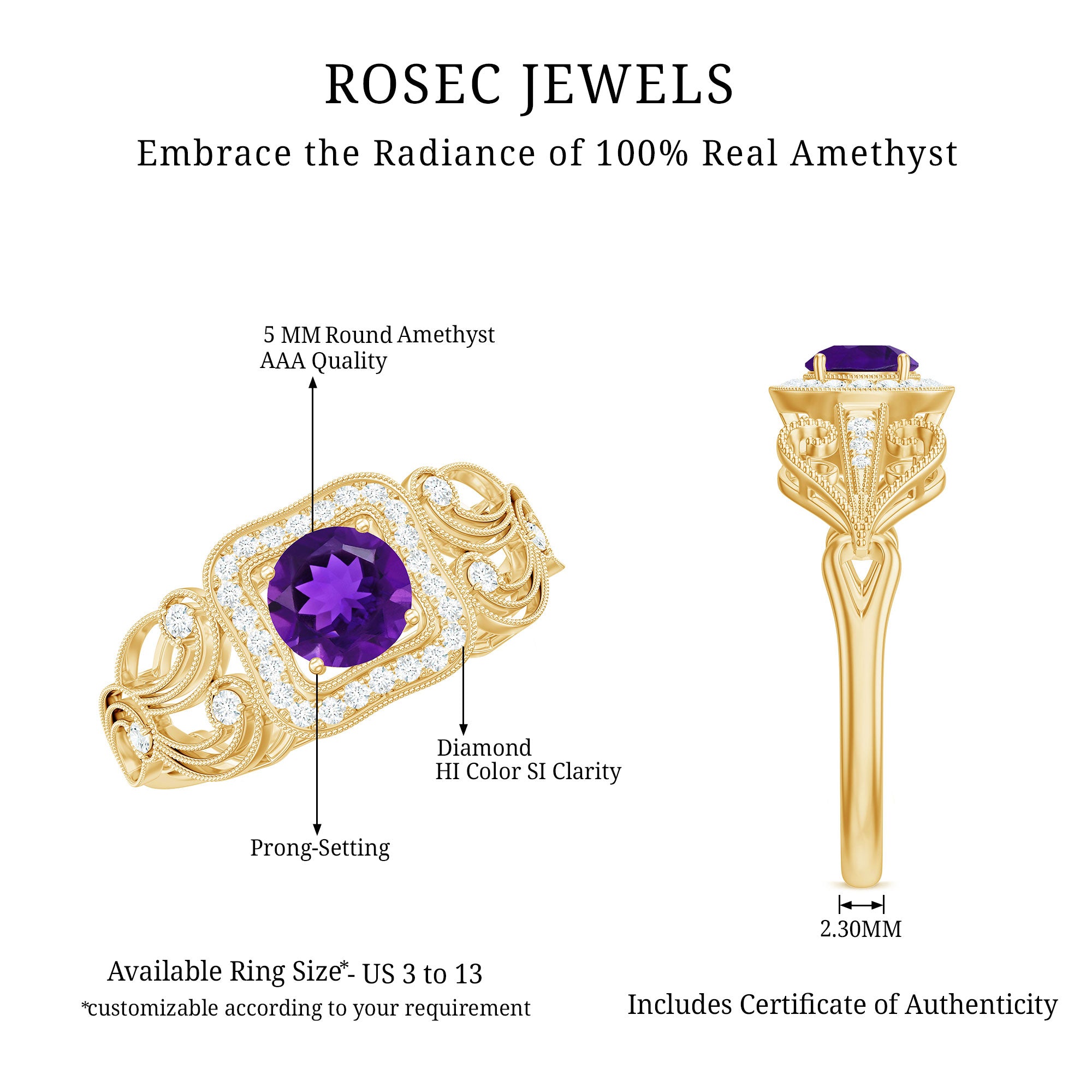 Rosec Jewels-Vintage Inspired Real Amethyst Engagement Ring with Diamond